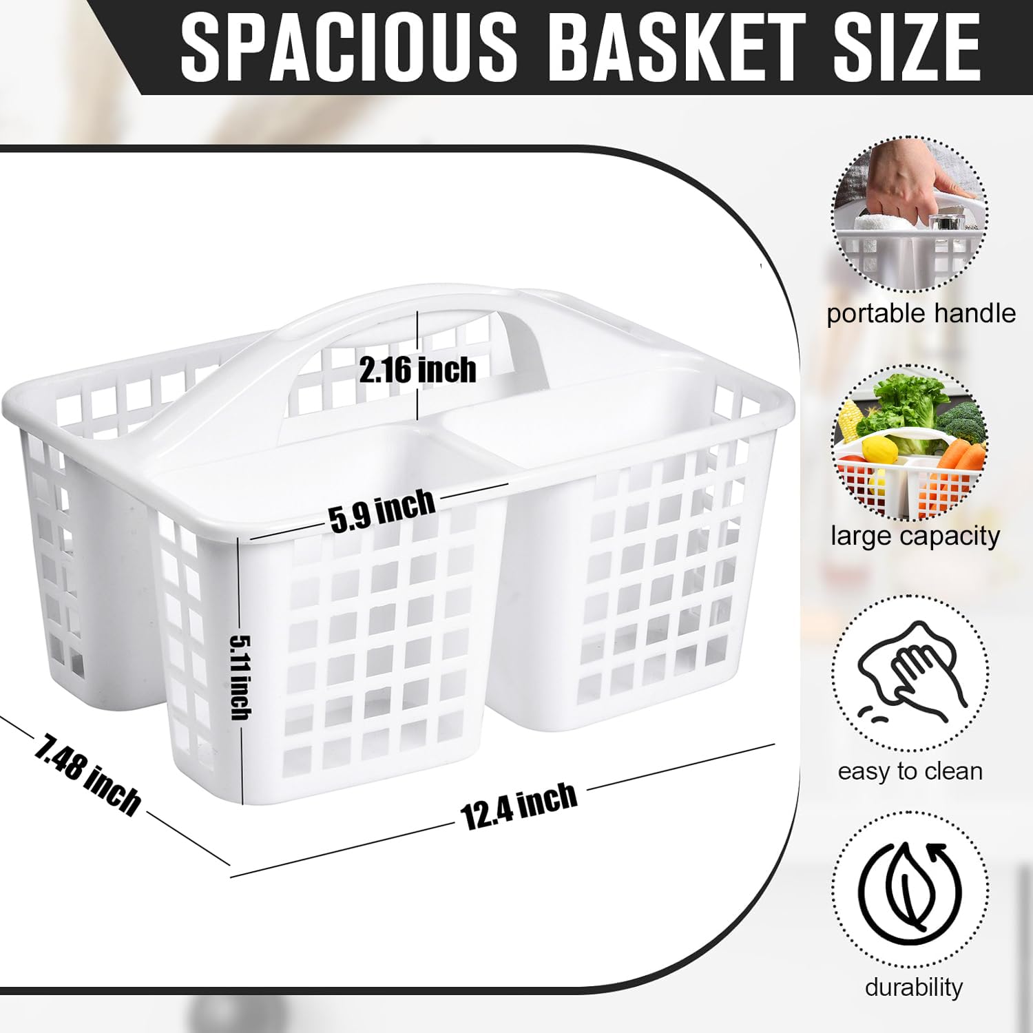 3 Compartments Plastic Shower Caddy Basket  Portable Divided Cleaning Supply Storage Organizer with Handle (White)