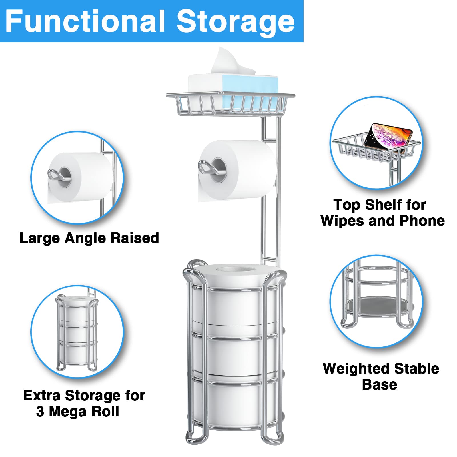 Toilet Paper Holder Stand with Shelf for Phone  Bathroom Free Standing Tissue Roll Storage Rack with Dispenser for 4 Mega Rolls  Chrome