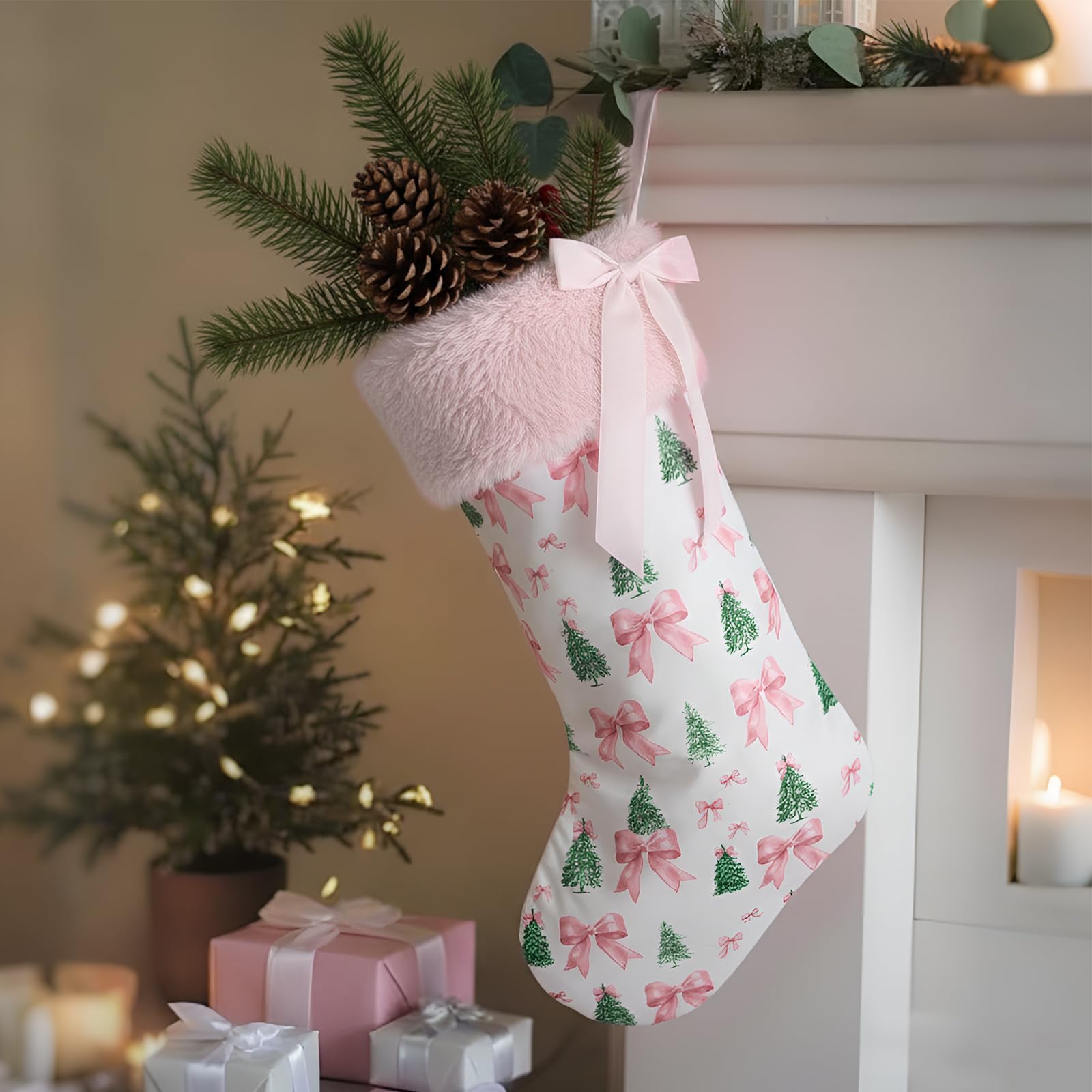 Realspring Christmas Tree Bow Pattern Xmas Stocking 18 Inches Canvas with Pink Faux Fur Babys First Xmas Stocking Gifts Firepla