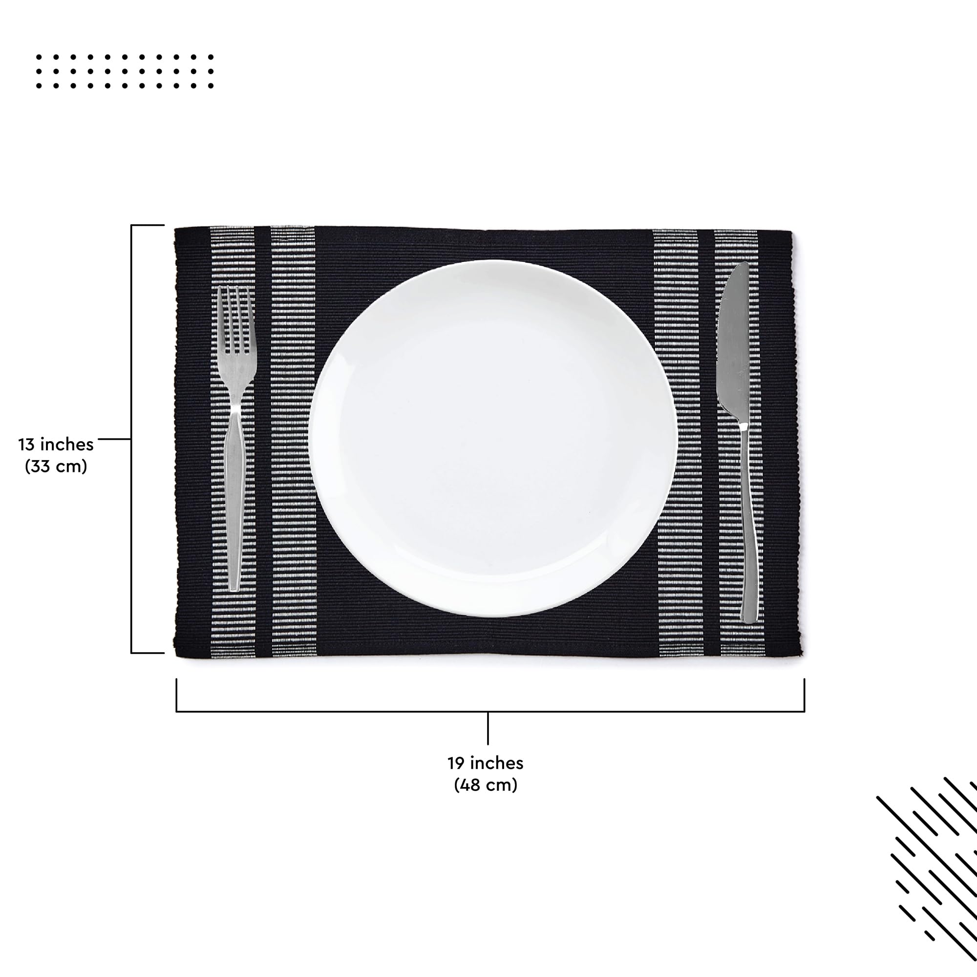 Encasa Xo Dining Placemat Set Of 6 | Ladder Black Color | Fine Ribbed Cotton Table Mat | Size 18X13 In | Machine Washable