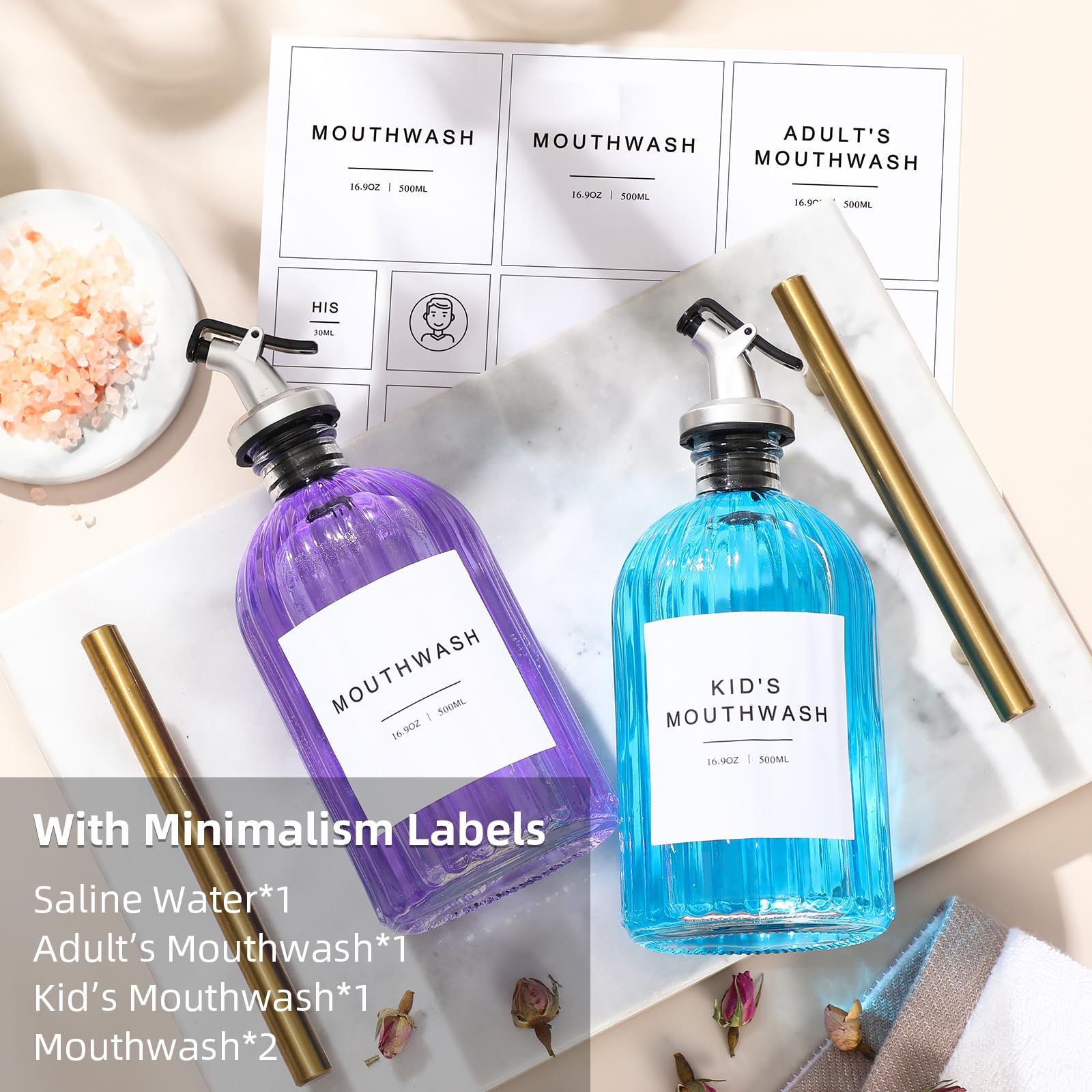 Glass Mouthwash Dispenser, 2 Pack 16.9Oz Glass Bottles With Pour Spouts, 2 Reusable, 21 Paper Cups With Holder, Funnel And Label