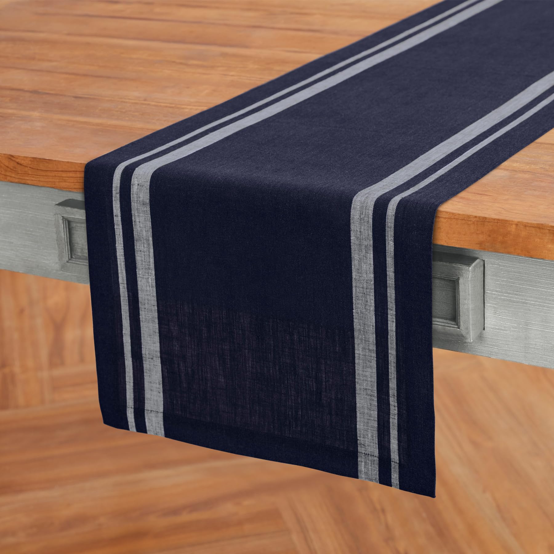 Solino Home Stripe Linen Table Runner 36 Inch - 100% Pure Linen White And Navy Table Runner 14 X 36 Inch - French Stripe, Machin