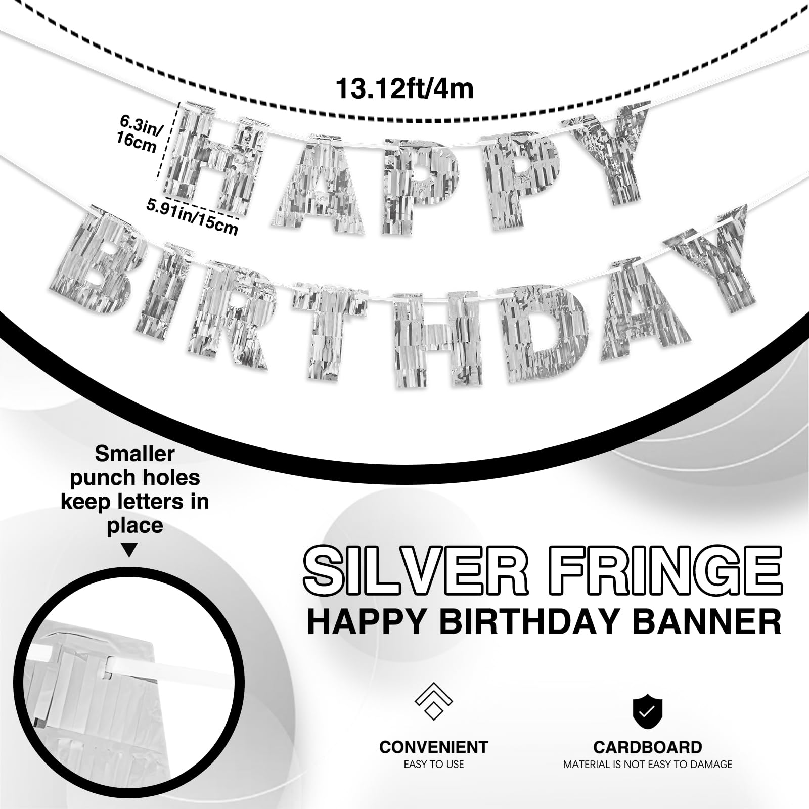 Pre-Strung Silver Happy Birthday Banner- 9ft No DIY Glitter Foil Party Garland for Men, Women, Kids - Wall, Photo Backdrop, Dess