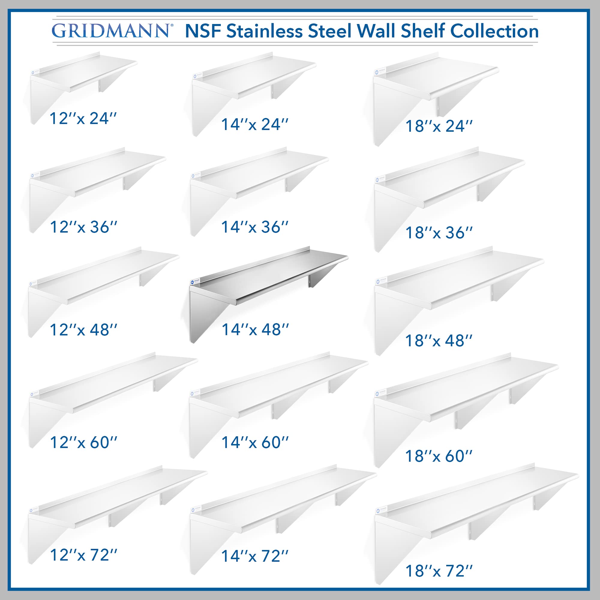 GRIDMANN 14'' x 48'' Stainless Steel Wall Mount Shelf with Backsplash  Commercial Grade - NSF Certified 18 Gauge Shelving for Restaurant  Kitchen  Utility Room  Garage