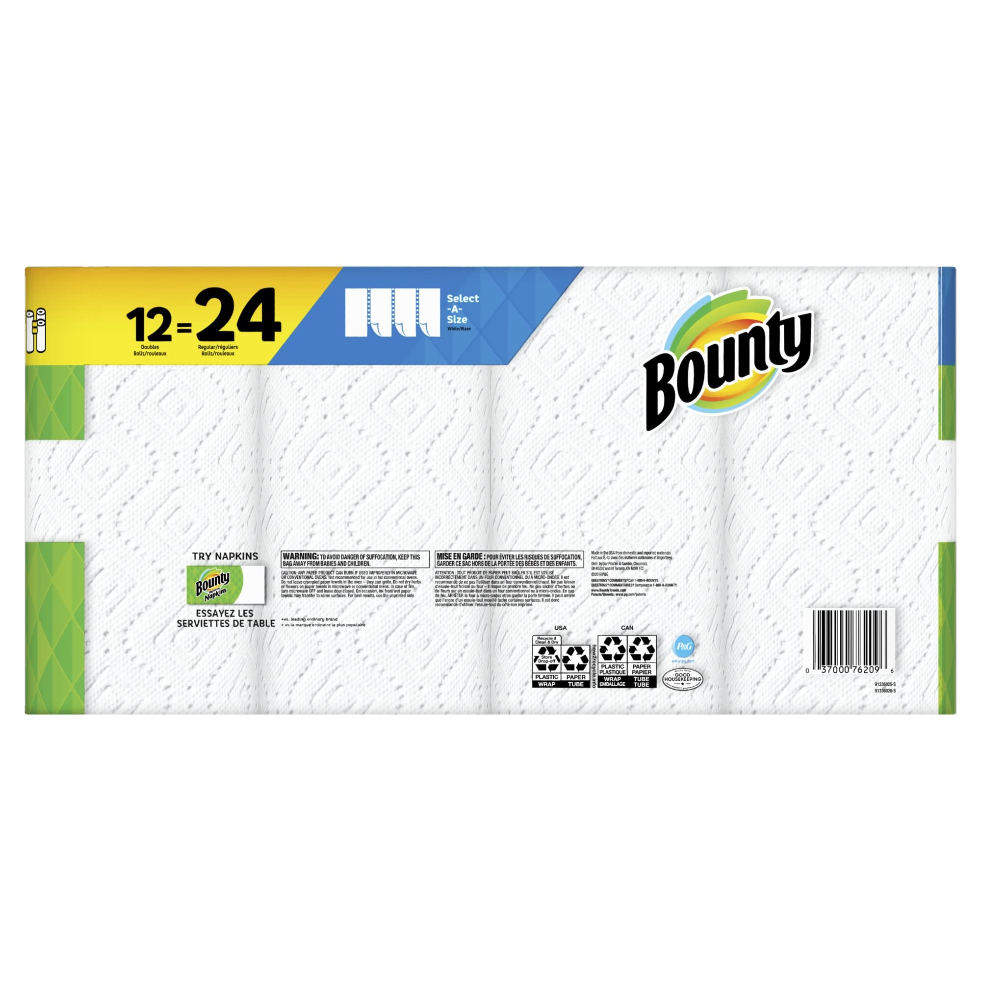 Bounty Select-A-Size Double 2-Ply Paper Towels, 98 Sheets Per Roll, Pack Of 12 Rolls
