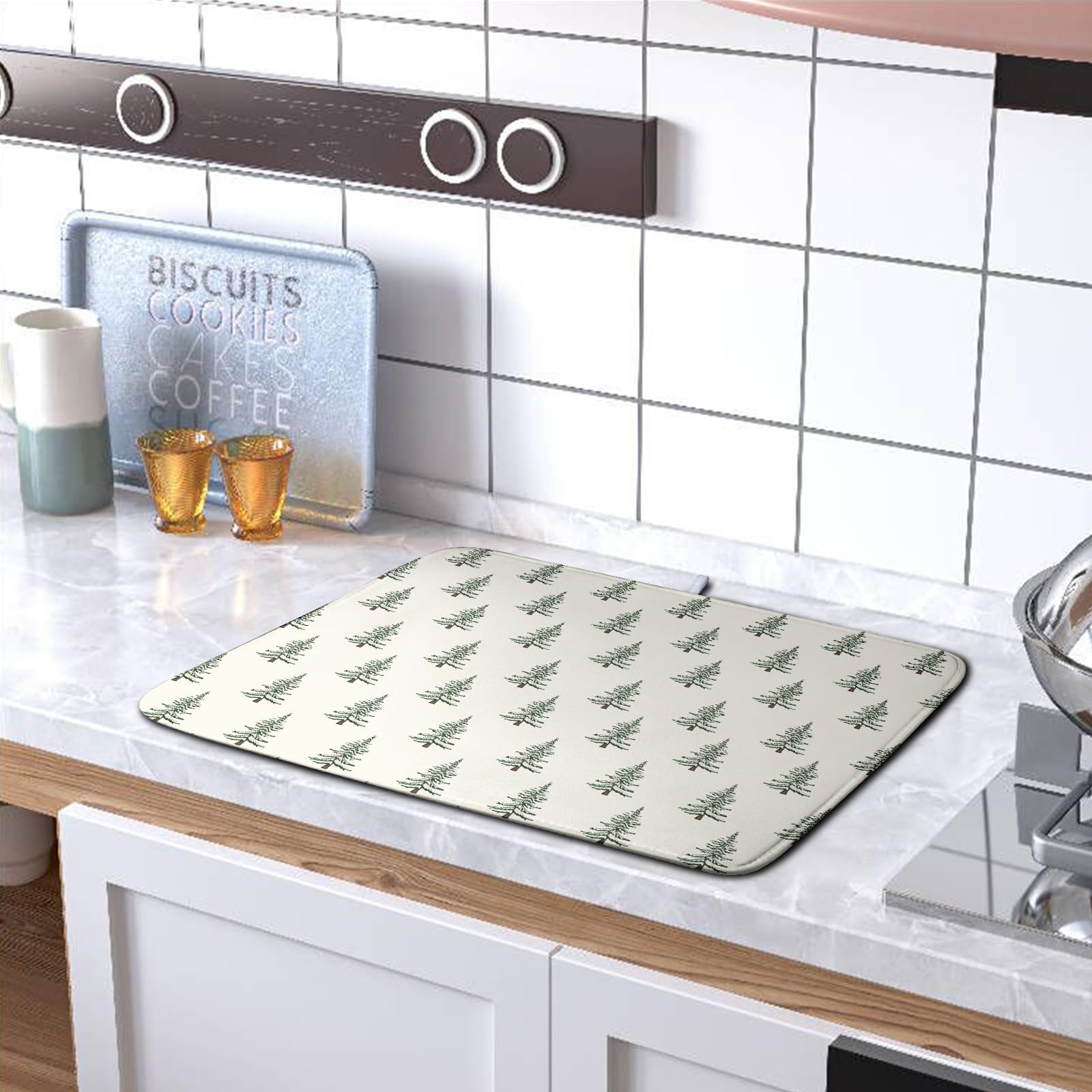 Kwlegh Christmas Tree Dish Drying Mat Winter Xmas Holiday Drying Mats Microfiber Absorbent Dishes Drying Pad Reusable Washable K