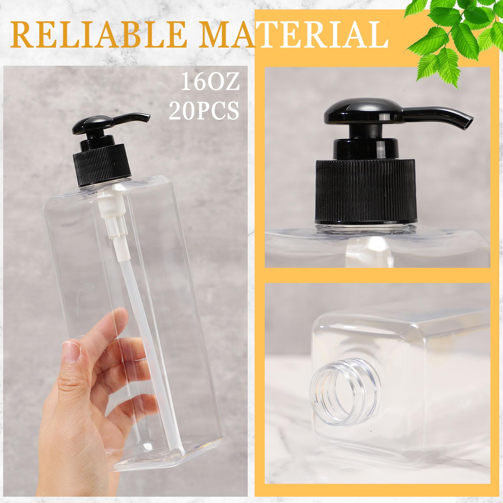 20 Pack 16Oz/ 500Ml Plastic Empty Bottles Refillable Shampoo Containers With Pump Lightweight Square Soap Dispenser Bottles For