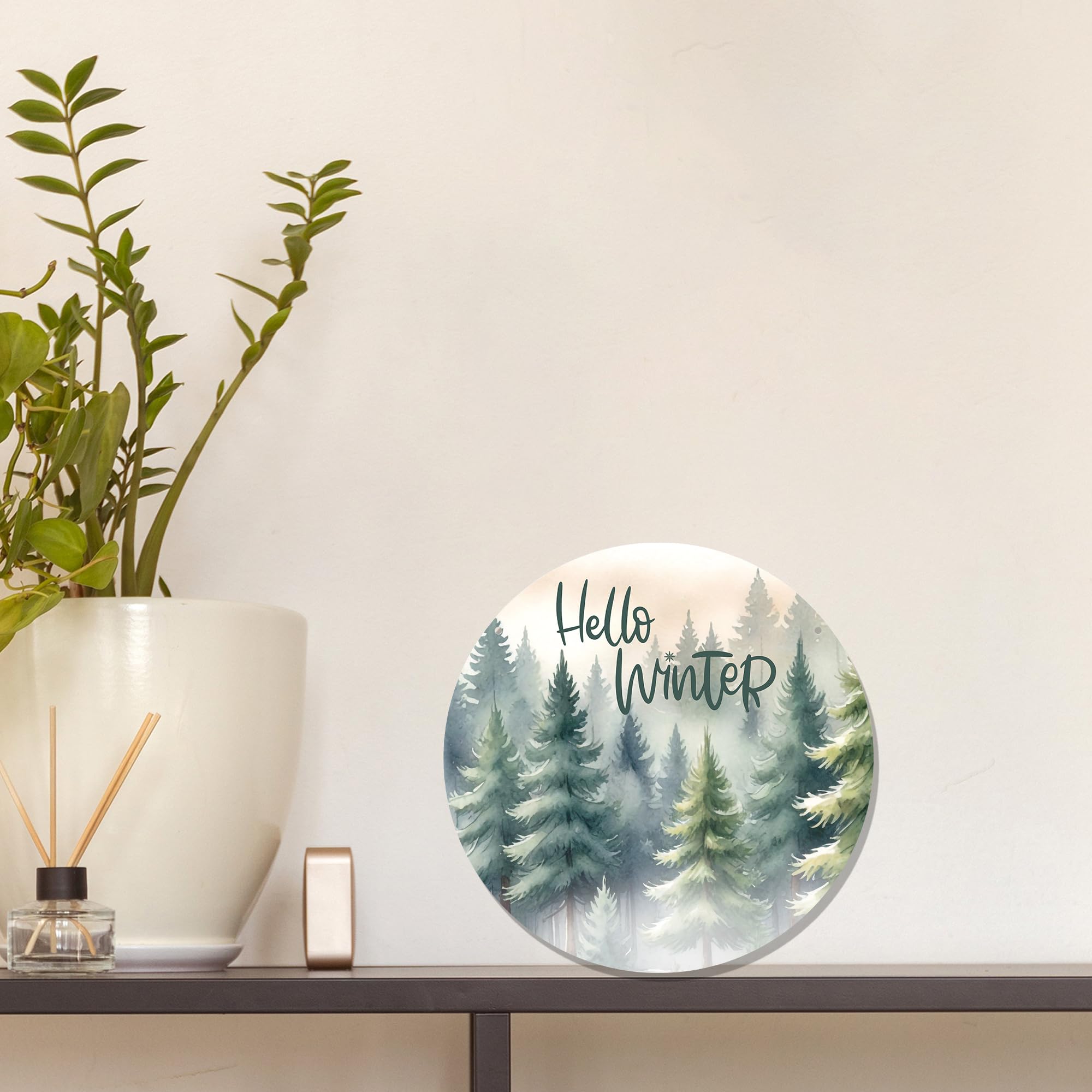 CGBHW Hello Winter Welcome Forest Wooden Sign, Winter Farmhouse Pine Trees Holiday Seasonal Decoration Hanging Sign Wall Decor,