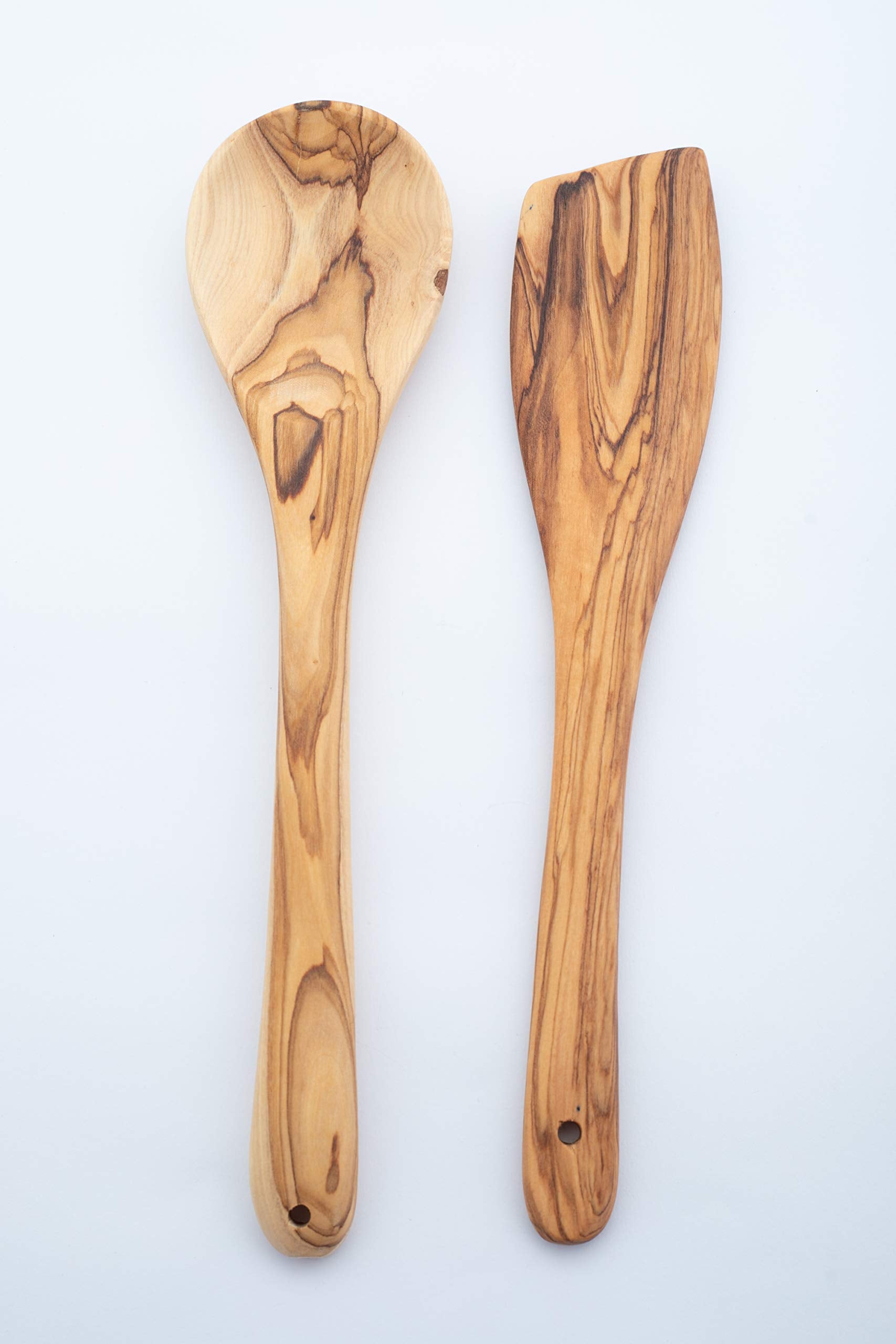 Handcrafted Olive Wood Cooking Spoon & Spatula (10 Inch Set Of 2 Pieces) Carved By Talented Artists In Bethlehem, Practical Wood