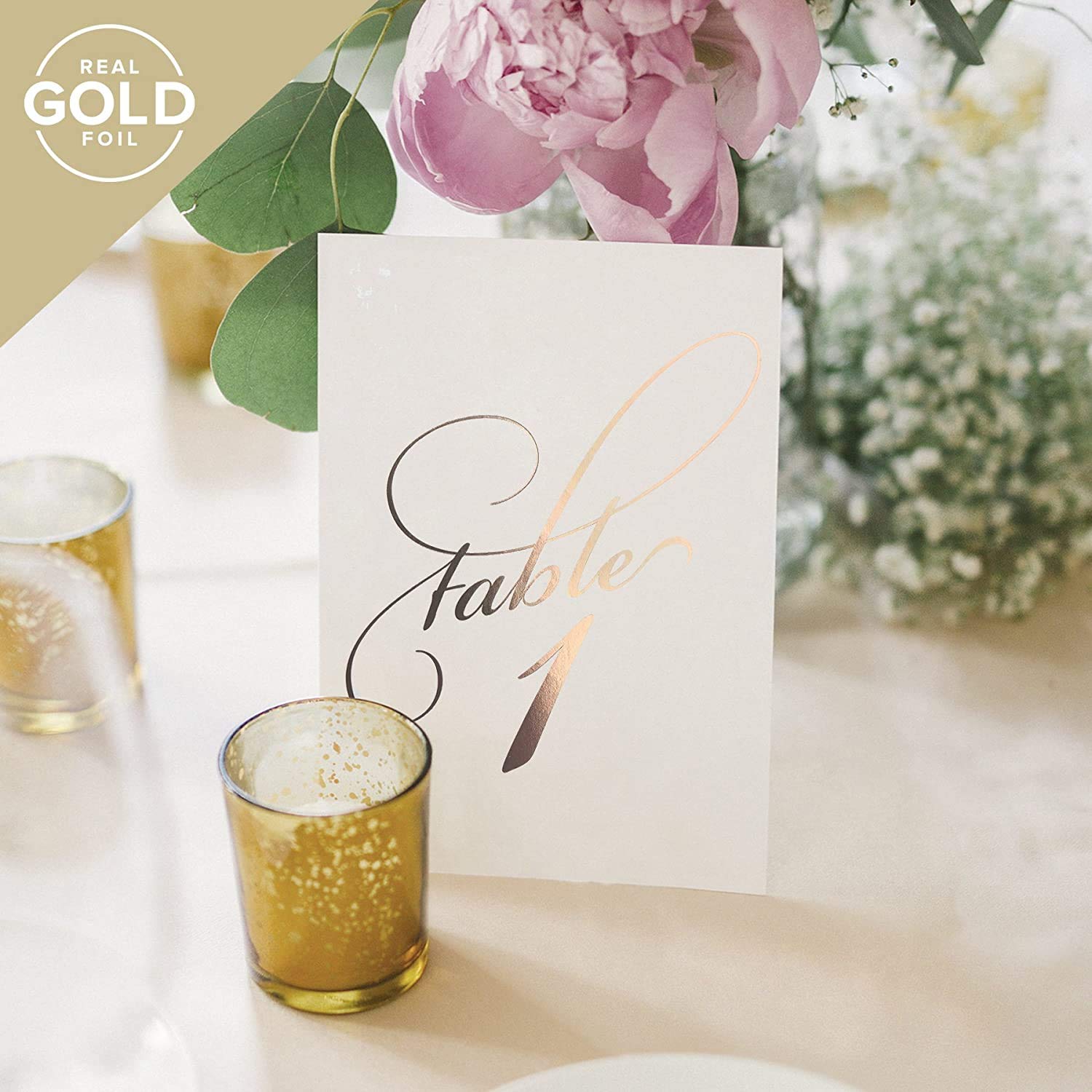 Bliss Collections Table Numbers, Rose Gold Foil, Double-Sided Cards Plus Head Table Card For Your Wedding, Reception, Anniversar