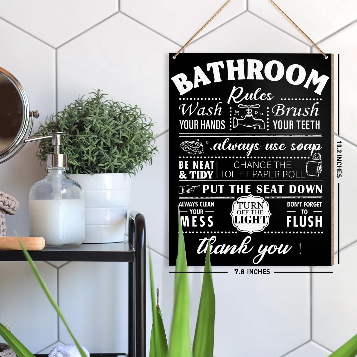 UDNADKEX Bathroom Rules Wall Hanging Decor, Wash Your Hands, Toilet Powder Room Restroom Decor Guest Bathroom Black Wooden Signs