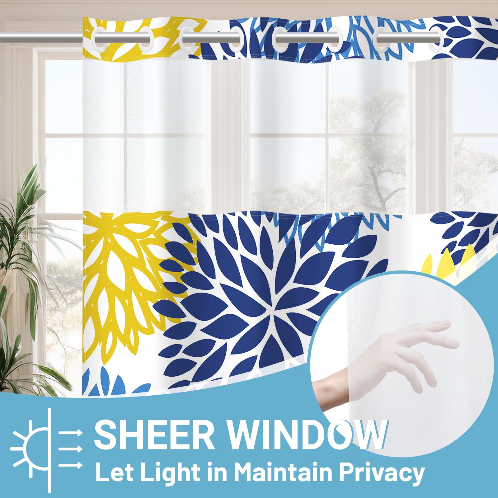 Withloc No Hook Shower Curtain With Snap In Liner - Dahlia Floral Shower Curtain - Fabric Waterproof Inner Liner, Plants Yellow