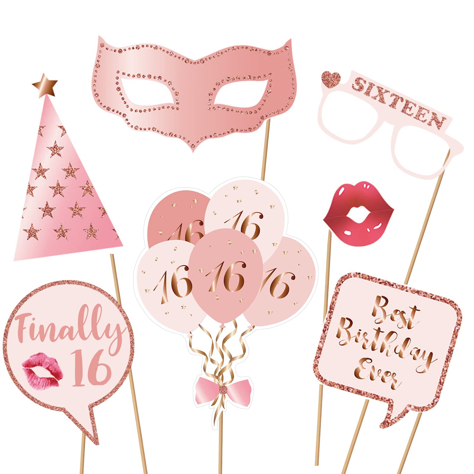 16Th Birthday Party Photo Booth Props And Signs, Rose Gold 16 Birthday Party Selfie Props Kit With Sticks For Girls Women, Sweet