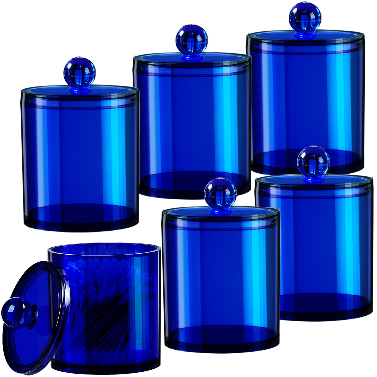 Sheechung 6 Pack Qtip Dispenser Apothecary Jars Bathroom With Labels - Qtip Holder Storage Canister Clear Plastic Acrylic Jar Fo