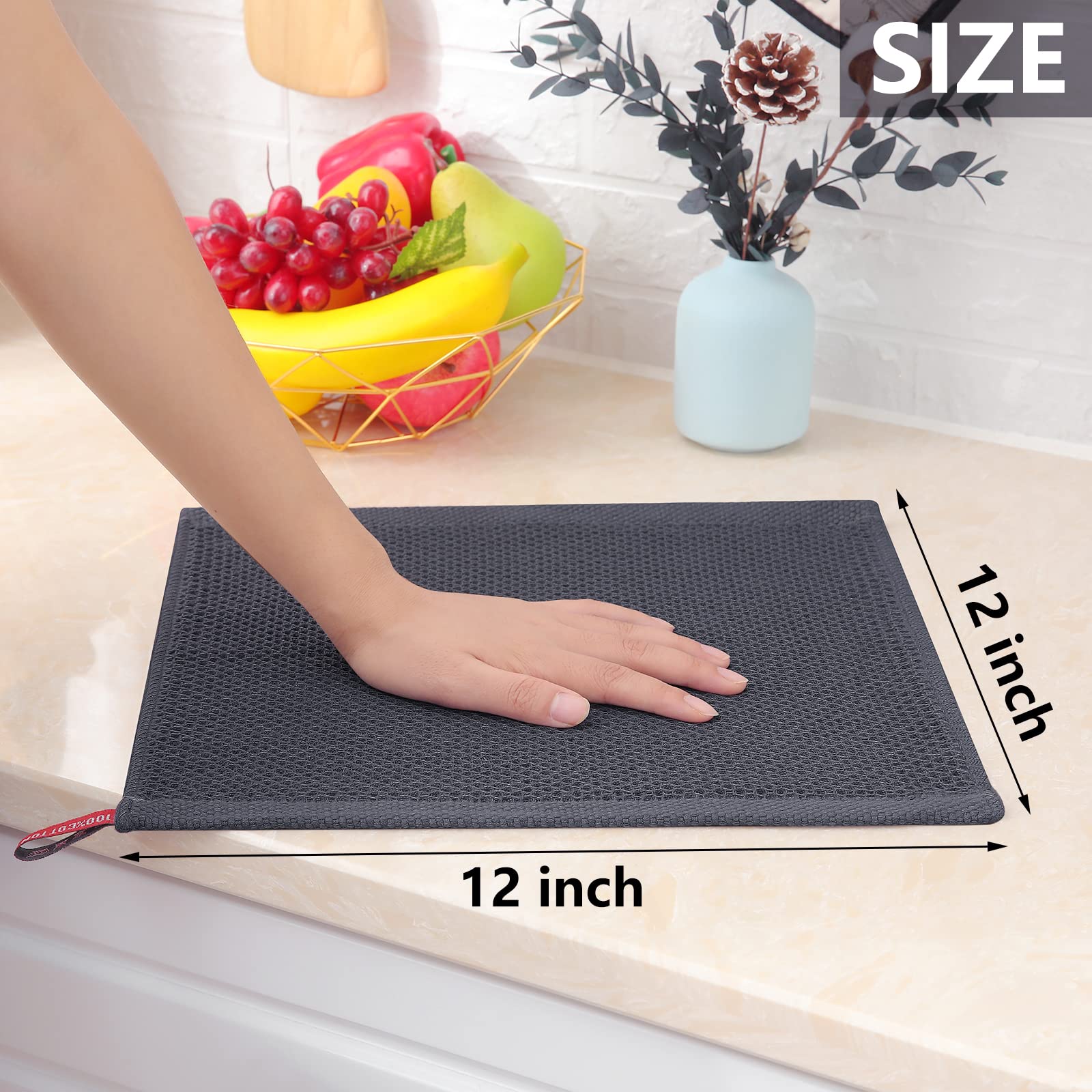 Homaxy 100% Cotton Waffle Weave Kitchen Dish Cloths, Ultra Soft Absorbent Quick Drying Dish Towels, 12 x 12 Inches, 8-Pack, Dark