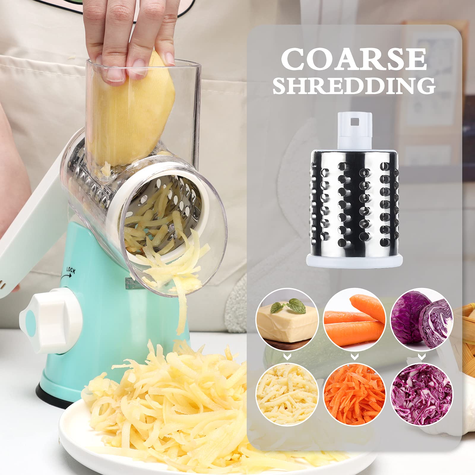 Ancevsk Rotary Cheese Grater Manual Kitchen Shredder, Speed Round Mandoline Vegetable Slicer Safe Food Grinder With 3 Interchang