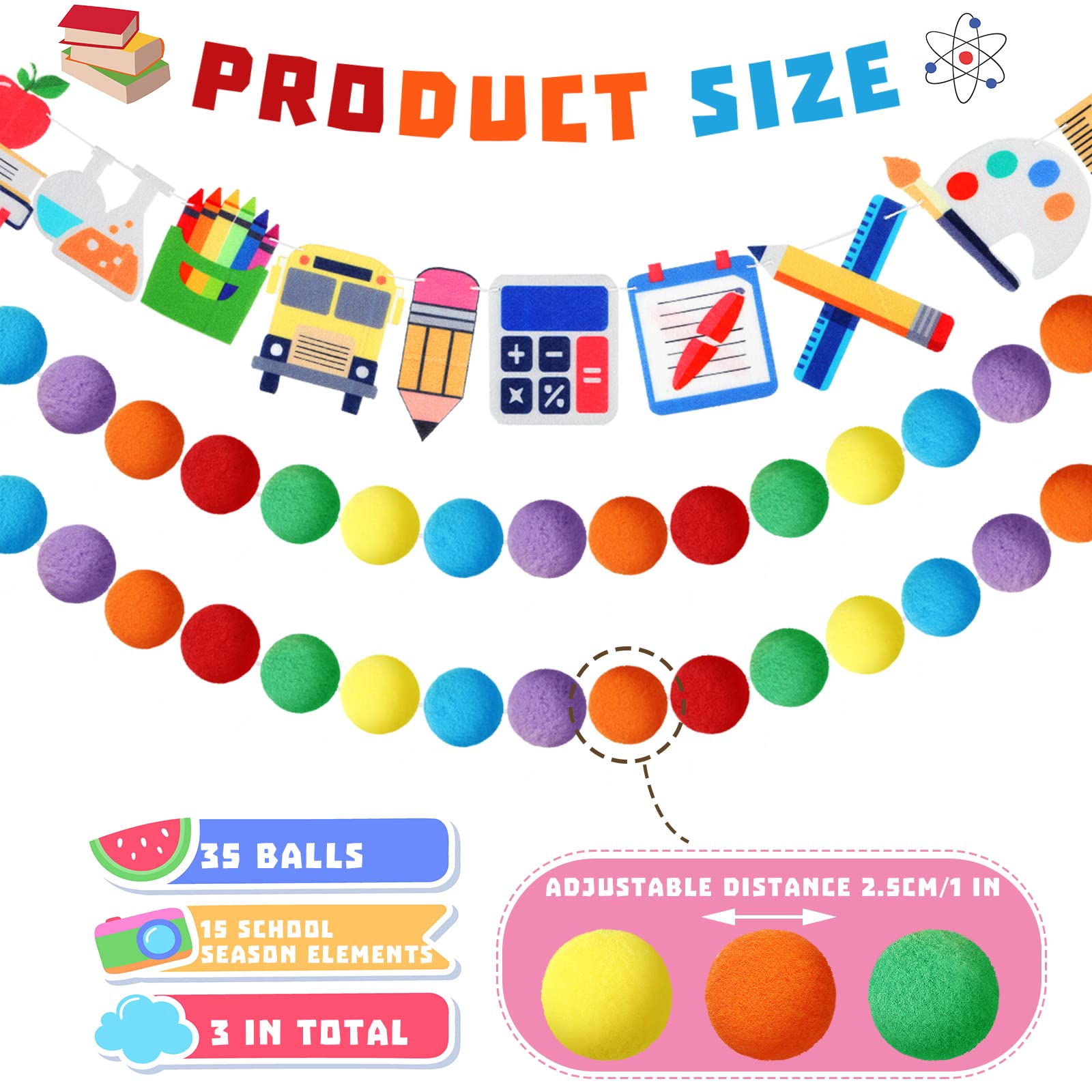 3 Pcs Colorful Felt Ball Garland Classroom Return To School Pom Pom Ball Garland Handmade Felt Ball Garland For School Classroom