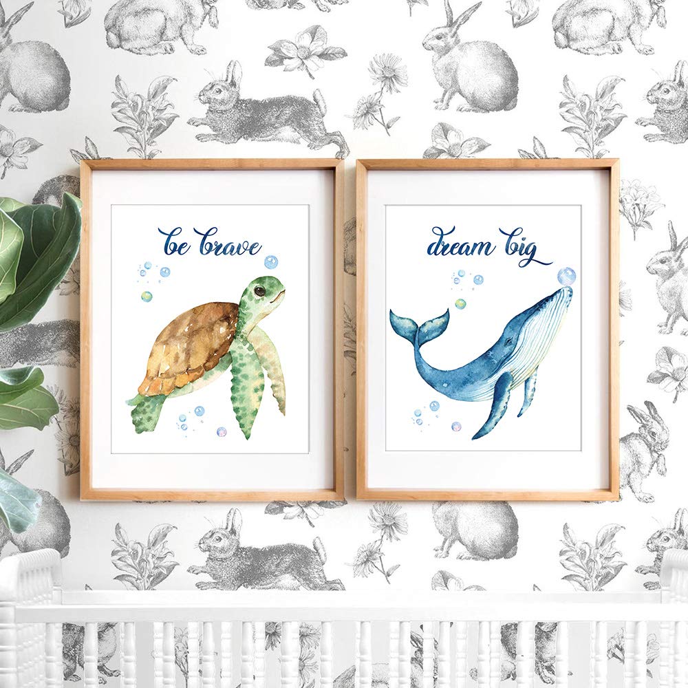SUUURA-OO Lovely Inspirational Words Texture of Dreams Watercolor Sea marine life Art Print Set of 4 (8?10?  Sea Turtle Seahorse fish whale Jellyfish Wall Poster  Blue Ocean Theme Nursery Kids Room Wall Decor  No Frame
