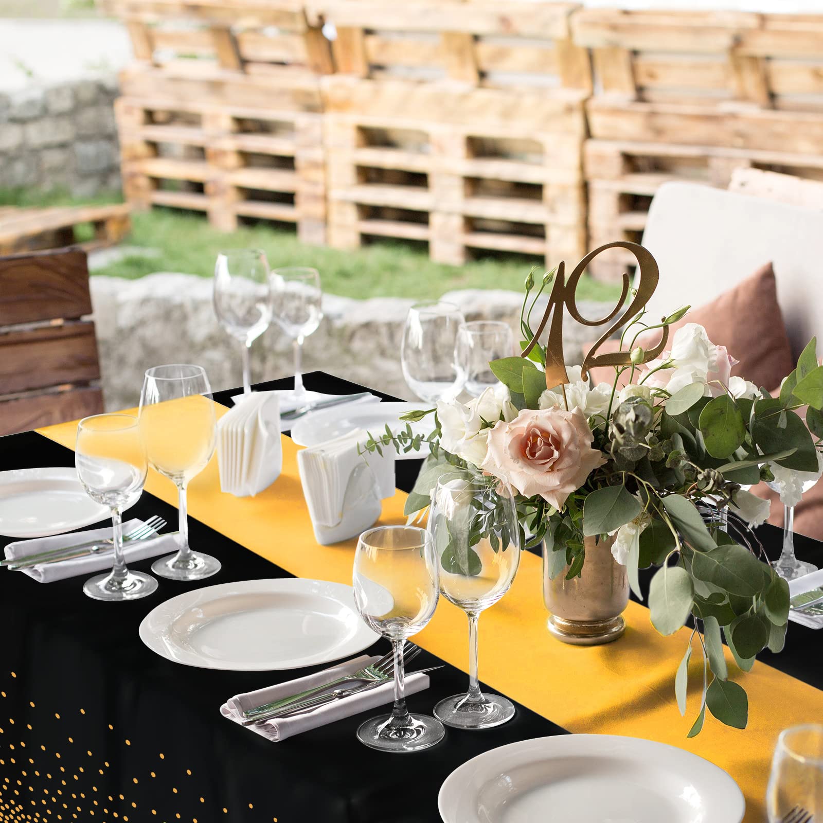 8Pack Disposable Plastic Tablecloths And Satin Table Runner Set Black Gold Dot Table Cloth Gold Satin Table Runner For Graduatio