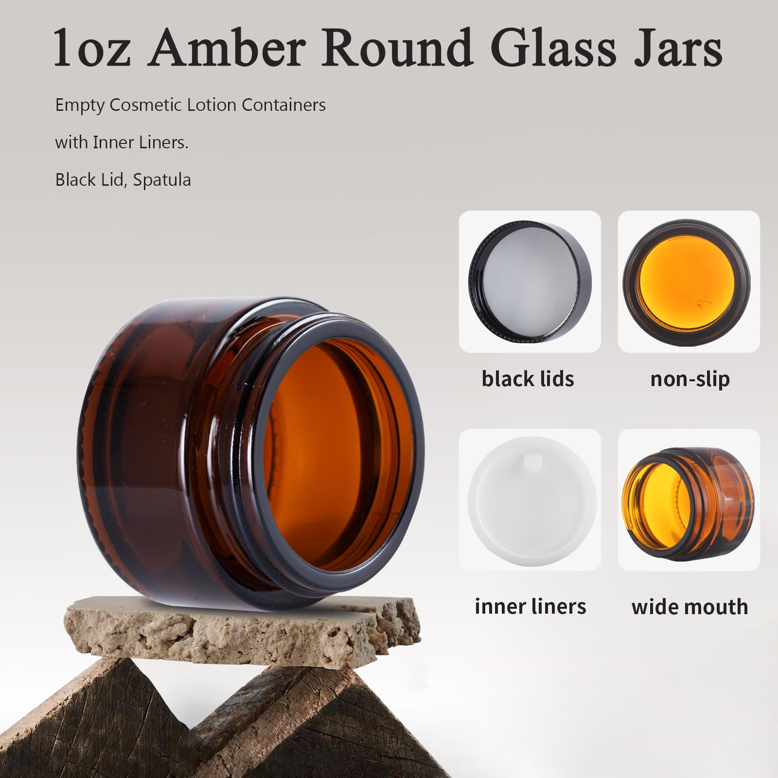 OverNews 1oz Amber Glass Jar  Empty Cosmetic Lotion Containers with Inner Liners Black Lid  Spatula