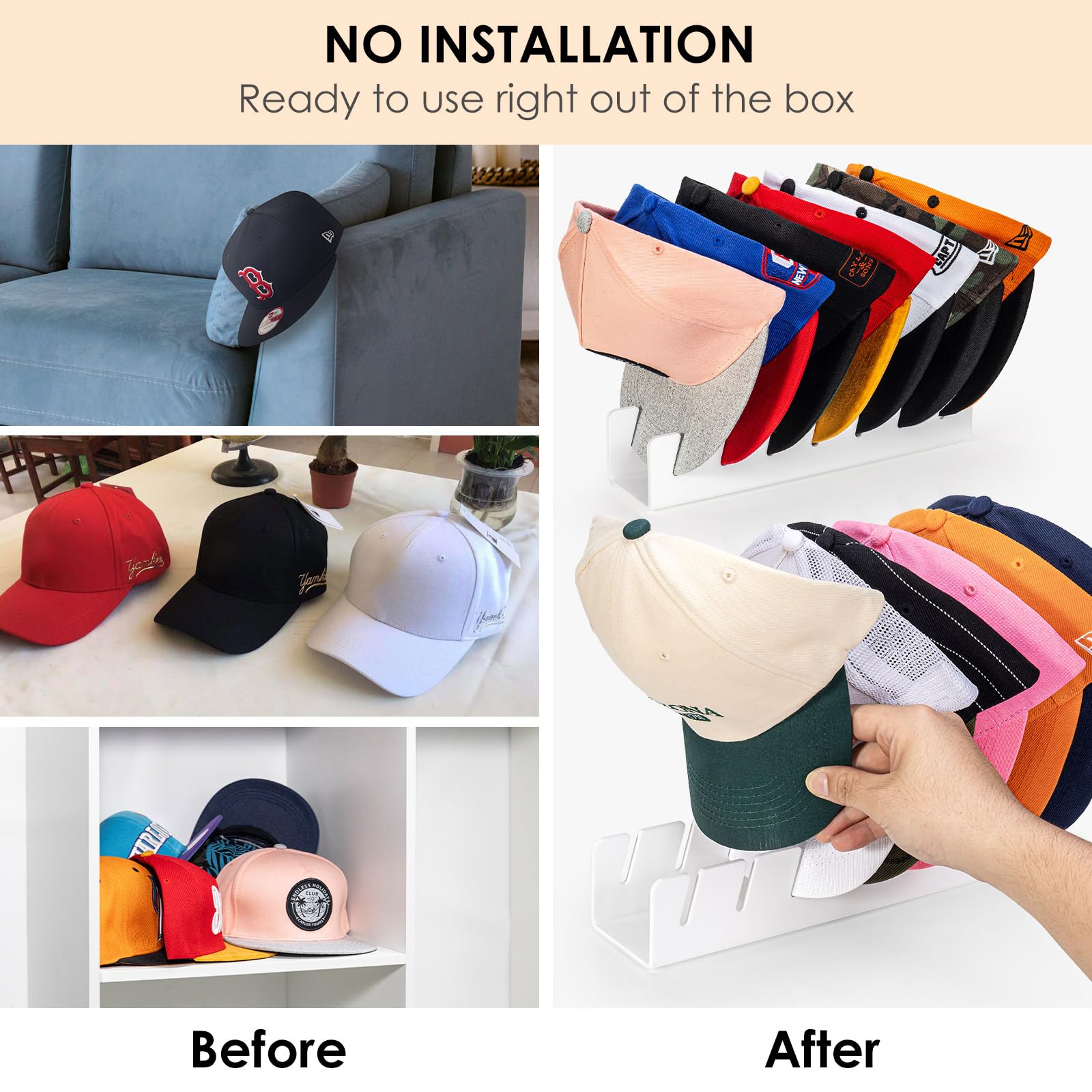 Hayvan Hat Organizer For Baseball Caps 2024 New 2 Pcs, No Install Acrylic Hat Holder For 14 Baseball Caps For Bedroom, Closet, D