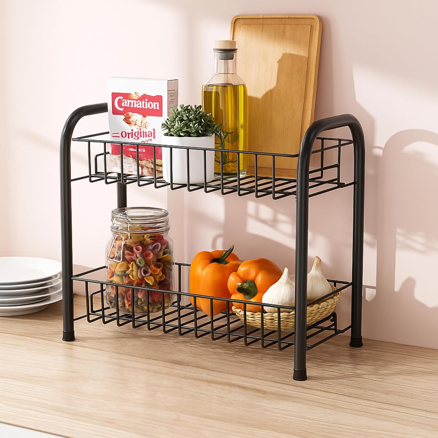 Jialto 2Tier Metal Kitchen Countertop Organizer | Black Storage Shelf For Spices, Jars, Fruit & Condiments | Free Standing, Spa