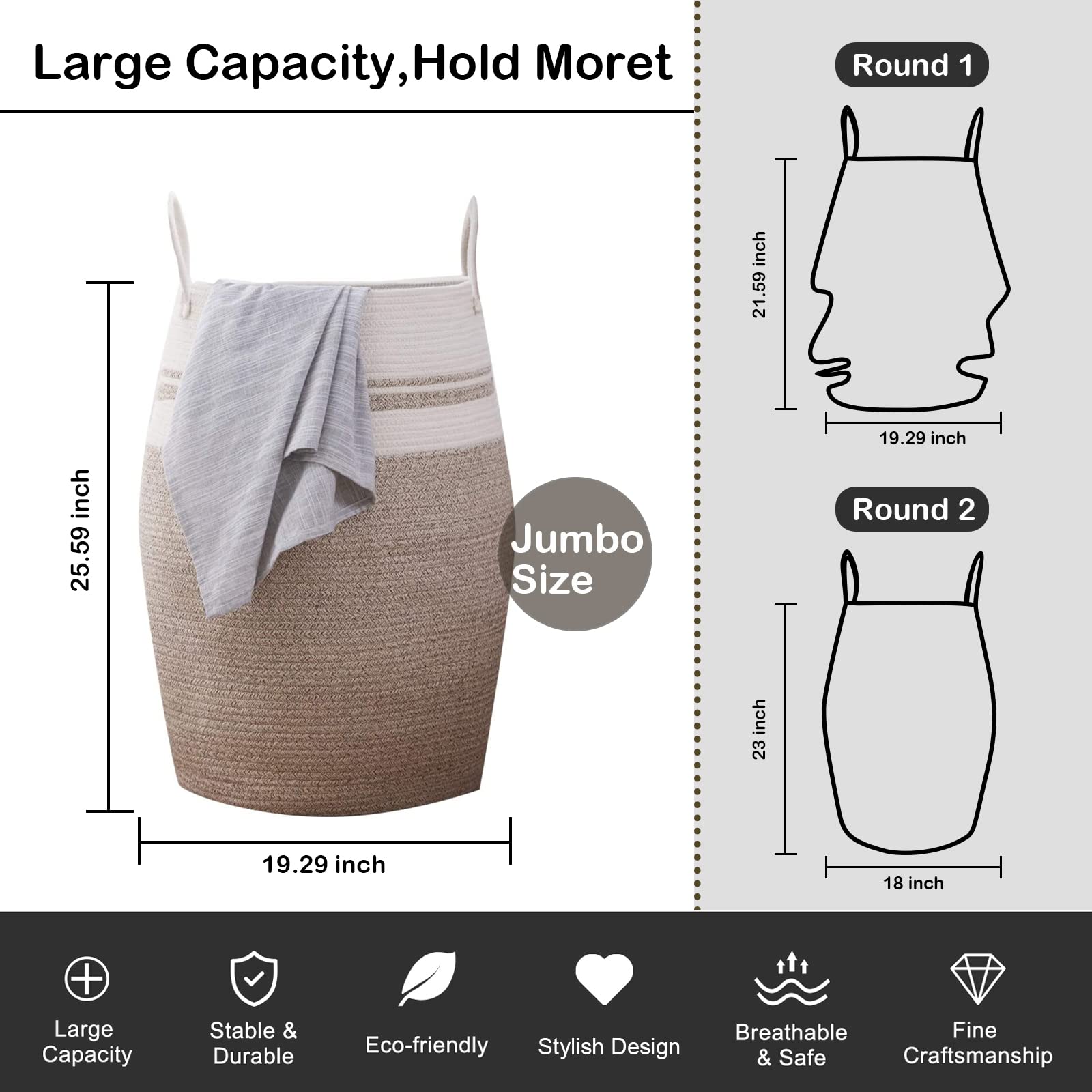 OIAHOMY Laundry Hamper Woven Cotton Rope Large Clothes Hamper 25.6'' Height Tall Laundry Basket with Extended Cotton Handles for Storage Clothes Toys in Bedroom  Bathroom  Foldable (Yellow variegated)