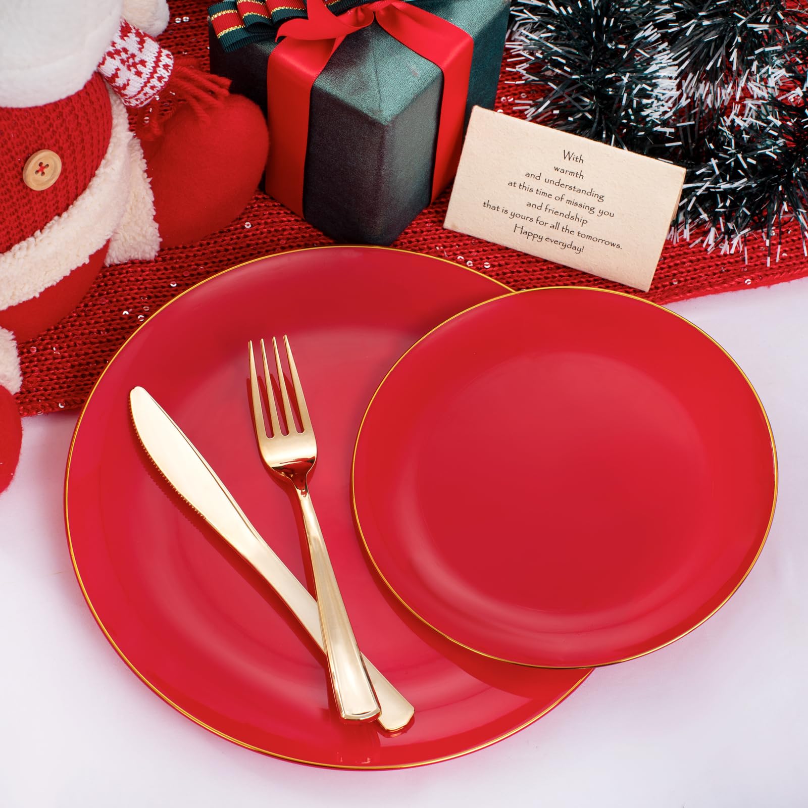 Pulote 100Pcs Red Plastic Plates - Heavy Duty Red Plates Disposable - Red Disposable Plates Include 50Pcs Red Dinner Plates 10.2