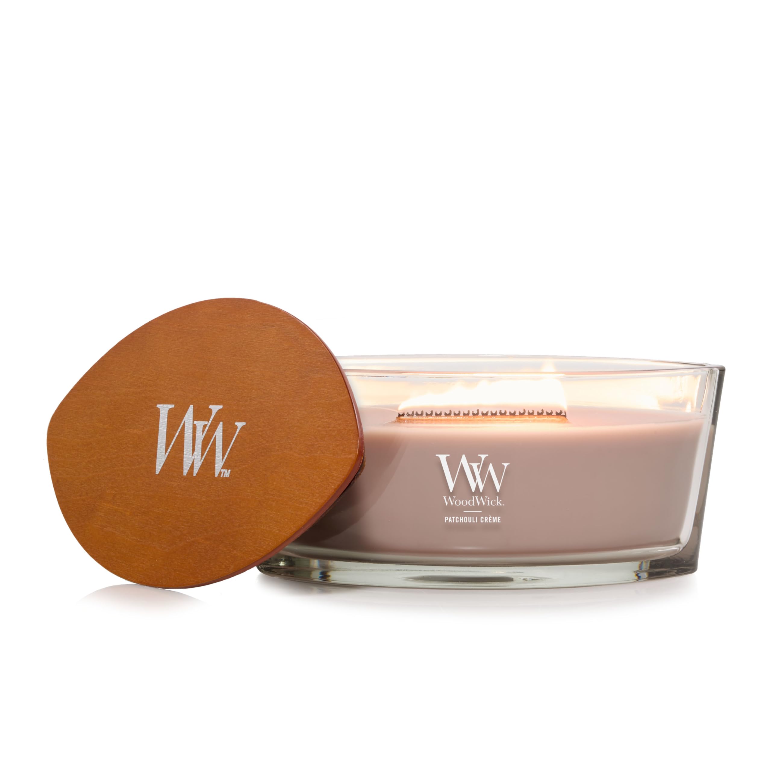 WoodWick Patchouli Crme Gifts for Women and Men, 16 oz Ellipse Candle with Crackling Wick