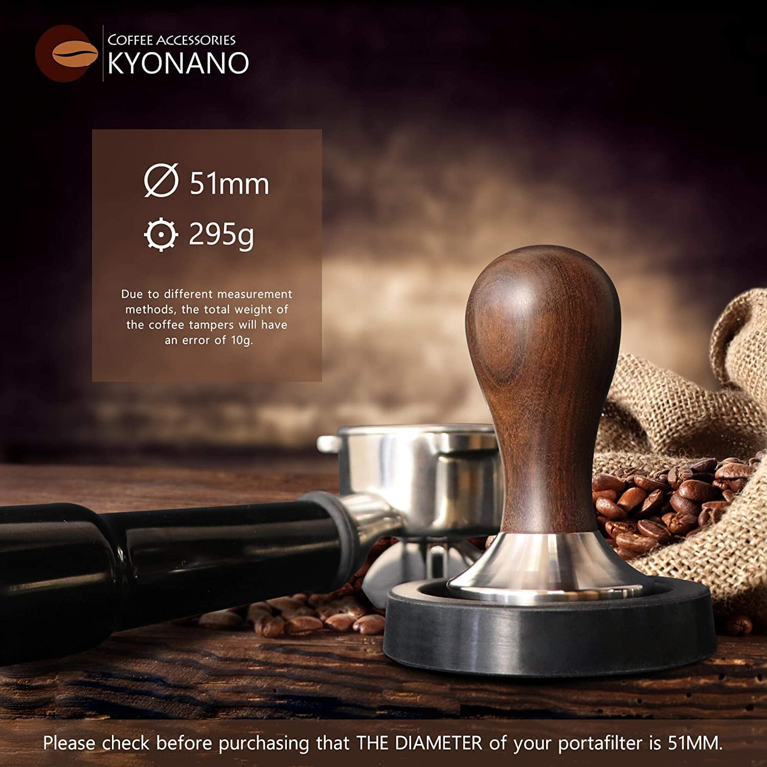 Kyonano Espresso Tamper 51Mm - Tamper With Chacate Preto Wood Handle -Coffee Tamper Espresso Press Plus Free Milk Frothing Pitch
