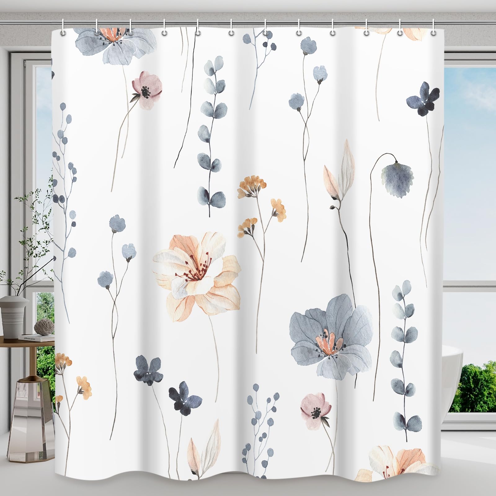 Withloc Shower Curtain Watercolor Flower Shower Curtain Sets - Spring Blue Beige Floral Plant Shower Curtains For Bathroom, Wash