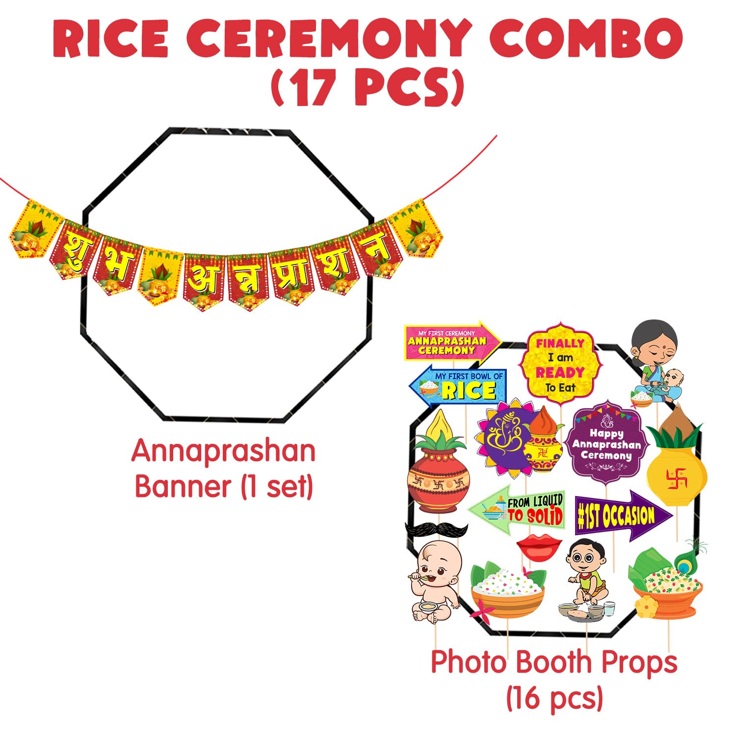 Zyozique Annaprasanam Photo Booth Props With Annaprasanam Paper Banner Hindi Font Shubh Annaprashan Yellow & Red Color Font/Rice