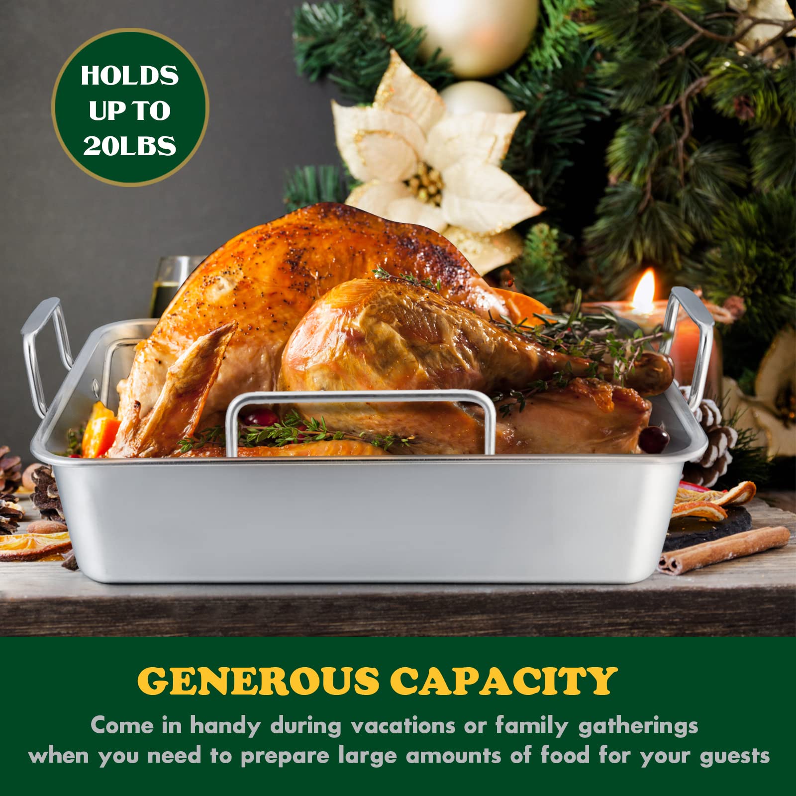 Roasting Pan, E-Far 16 X 11.5 Inch Stainless Steel Turkey Roaster With Rack - Deep Broiling Pan & V-Shaped Rack & Flat Rack, Non