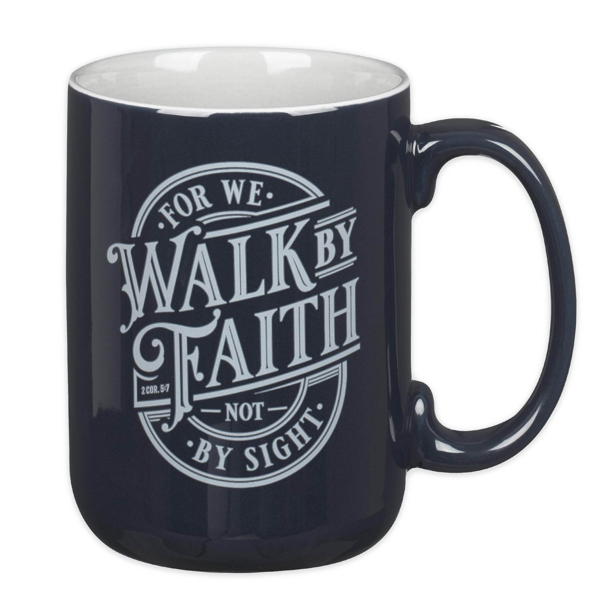 Christian Art Gifts Large Ceramic Coffee & Tea Mug for Men & Women: Walk by Faith Bible Verse, Navy Blue & White, 14 oz.