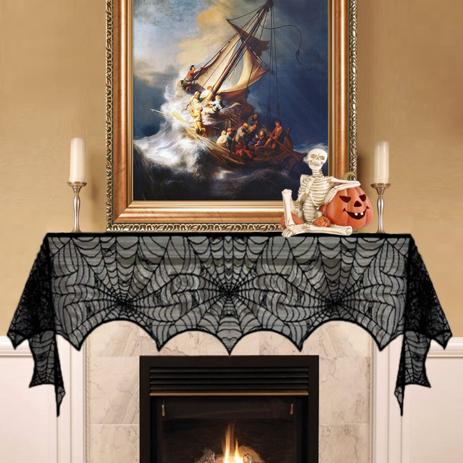 Comtraker Halloween Fireplace Mantle Decorations, Black Lace Spiderweb Fireplace Mantel Scarf Cover Garland For Festive Party Su