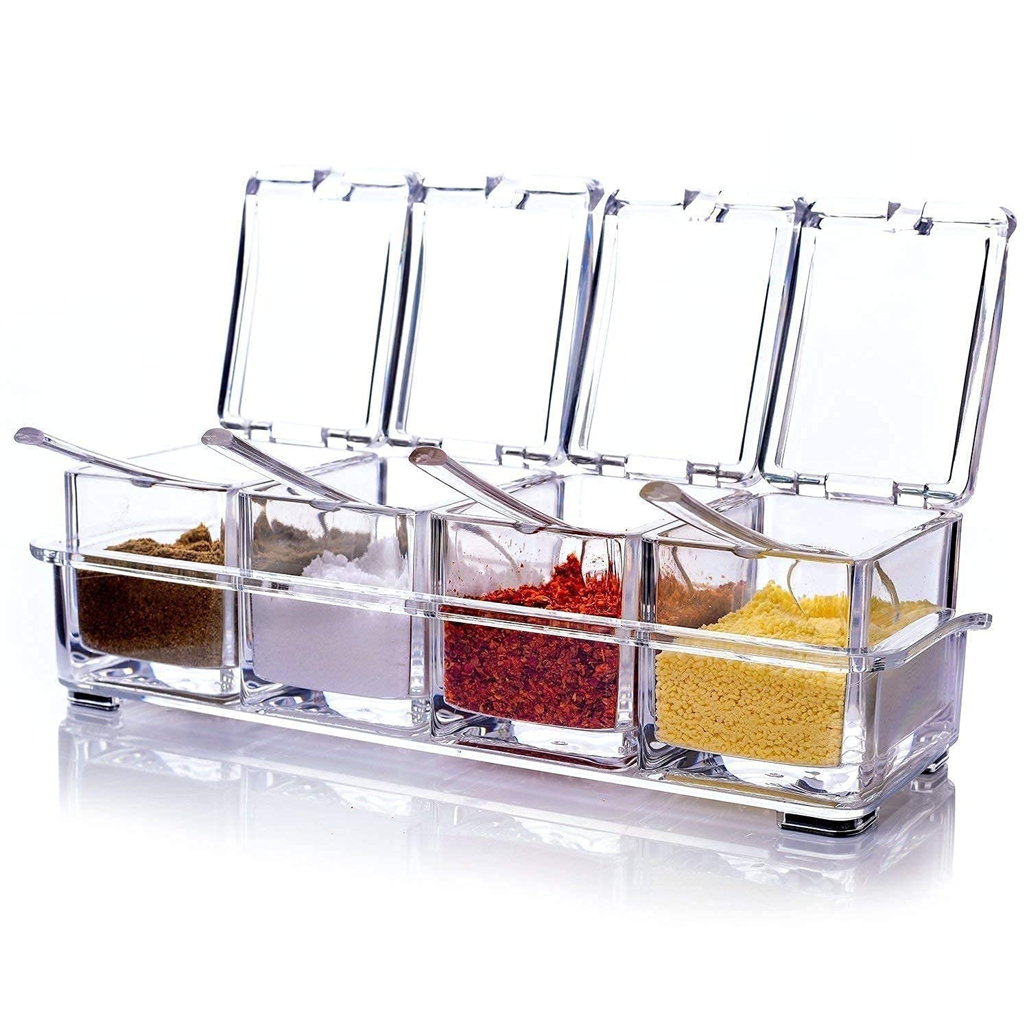 Mokshaylo Spice Box With 4 Square Containers And Spoons | Transparent Condiment Storage Set With Hinged Lids And Tray