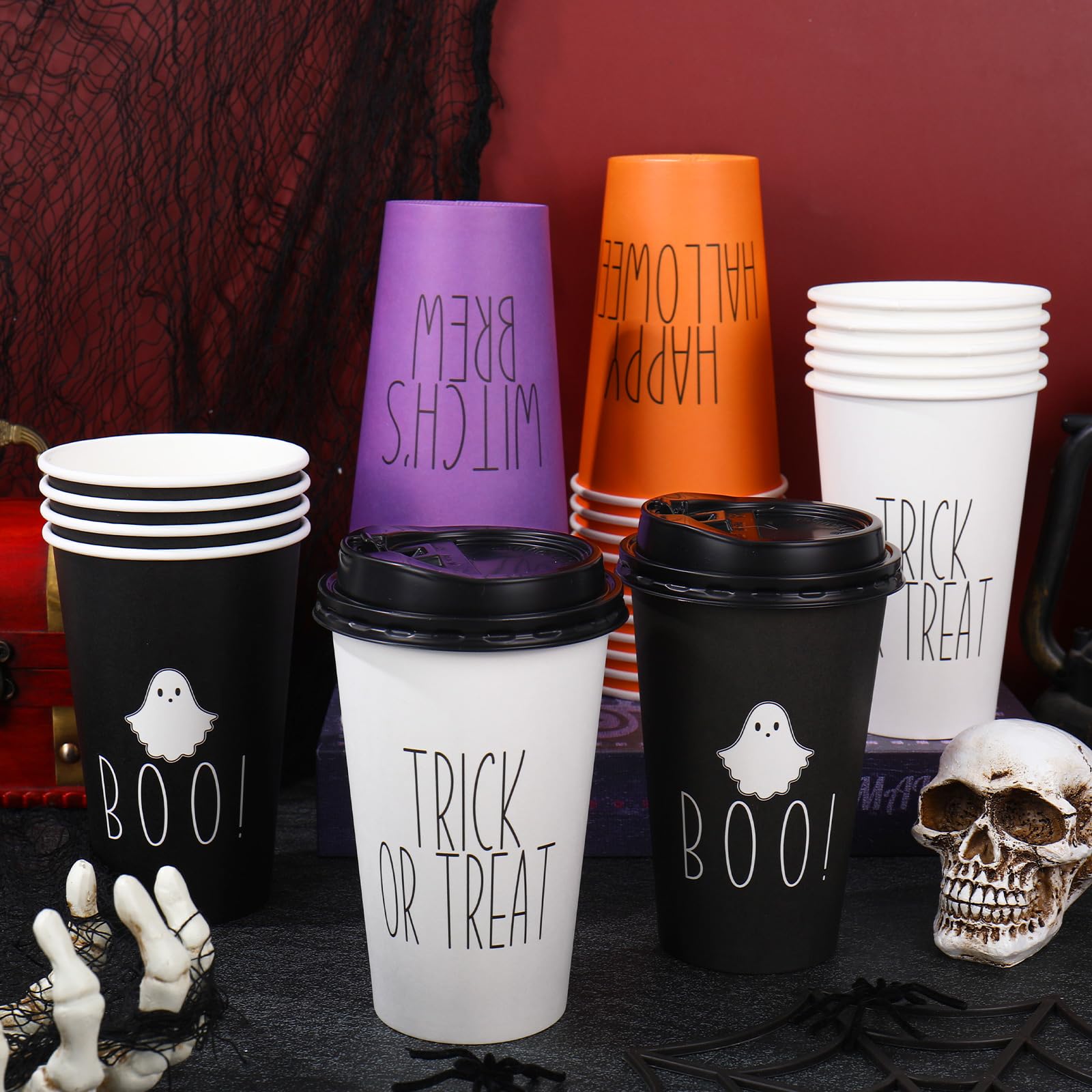 JarThenaAMCS Fall 48 Pcs 4 colors Coffee Cups with Lids 16 Oz Autumn Thanksgiving Disposable Coffee Cups for Hot Cold Beverage D