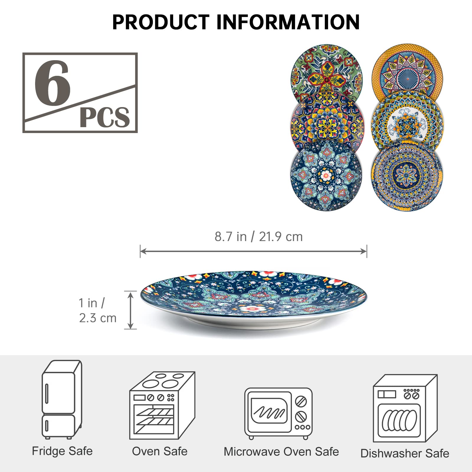 HENXFEN LEAD Ceramic Salad Dinner Plate 8.7 Inch  Colorful Plates Set of 6 for Dessert  Appetizer  Snacks - Porcelain Serving Dishes for Thanksgiving & Christmas  Dinnerware Set - Bohemian Style