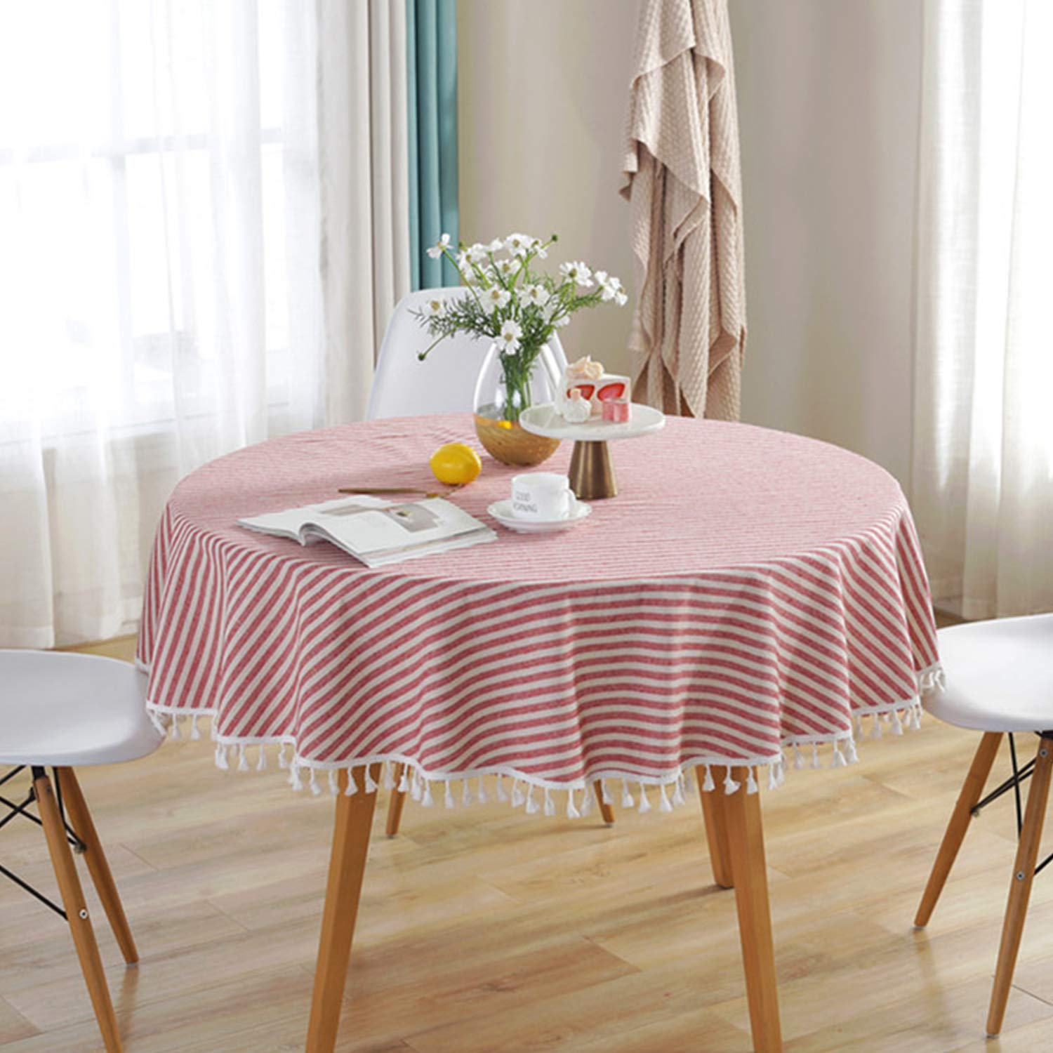 meioro Round Tablecloth Stripe Tassel Table Cloth Cotton Linen Dust-Proof Table Cover for Dining Circle Coffee Side End Card Table  Parties Holiday Indoor Outdoor Use (Red/White Stripes  59 Inch)