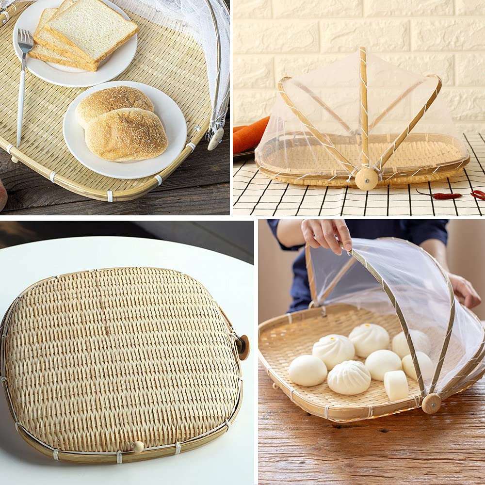 Food Bamboo Food Serving Tent Basket Hand-Woven Basket Serving Dustproof Picnic Basket Vegetable Fruits Bread Food Home Square F