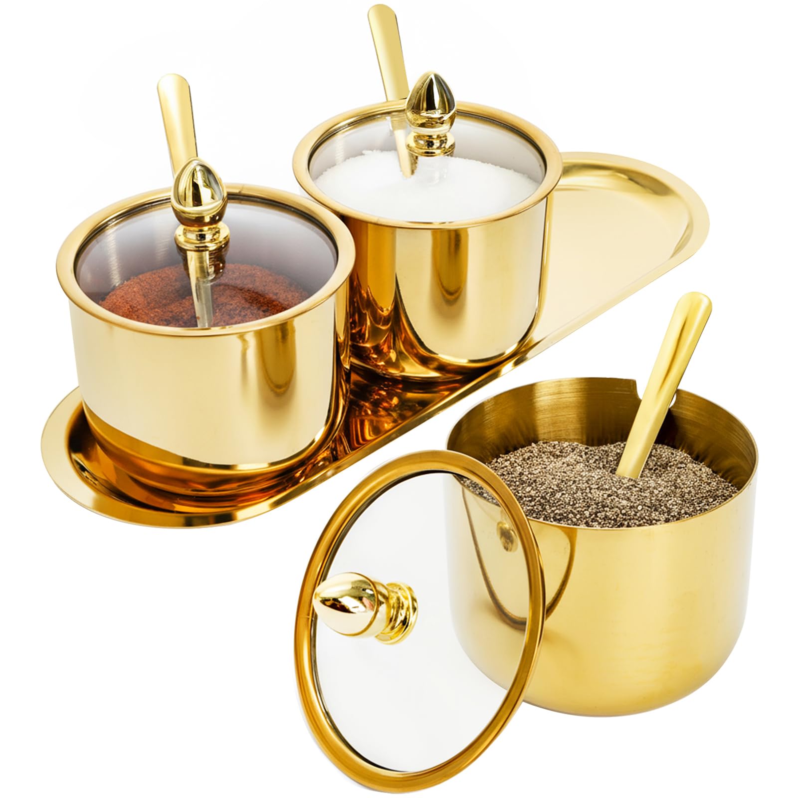 Hedume Set of 3 Grids 304 Stainless Steel Seasoning Containers with Glass Lid Spoon and Tray, 11 oz Gold Condiment Jar Spice Con
