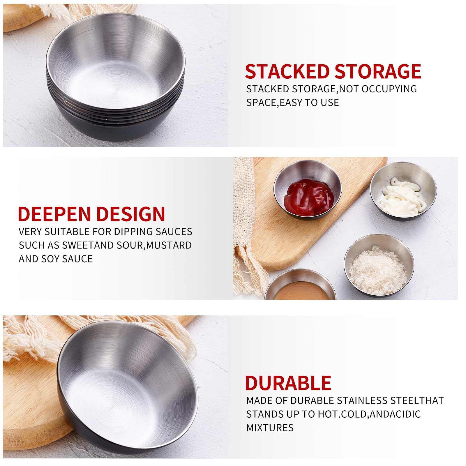 Onlycooker 12 Piece Sauce Cup Condiment Cups 3.2 Inch 3 Oz Black Stainless Steel Sauce Dish Dipping Bowl Small Seasoning Round S