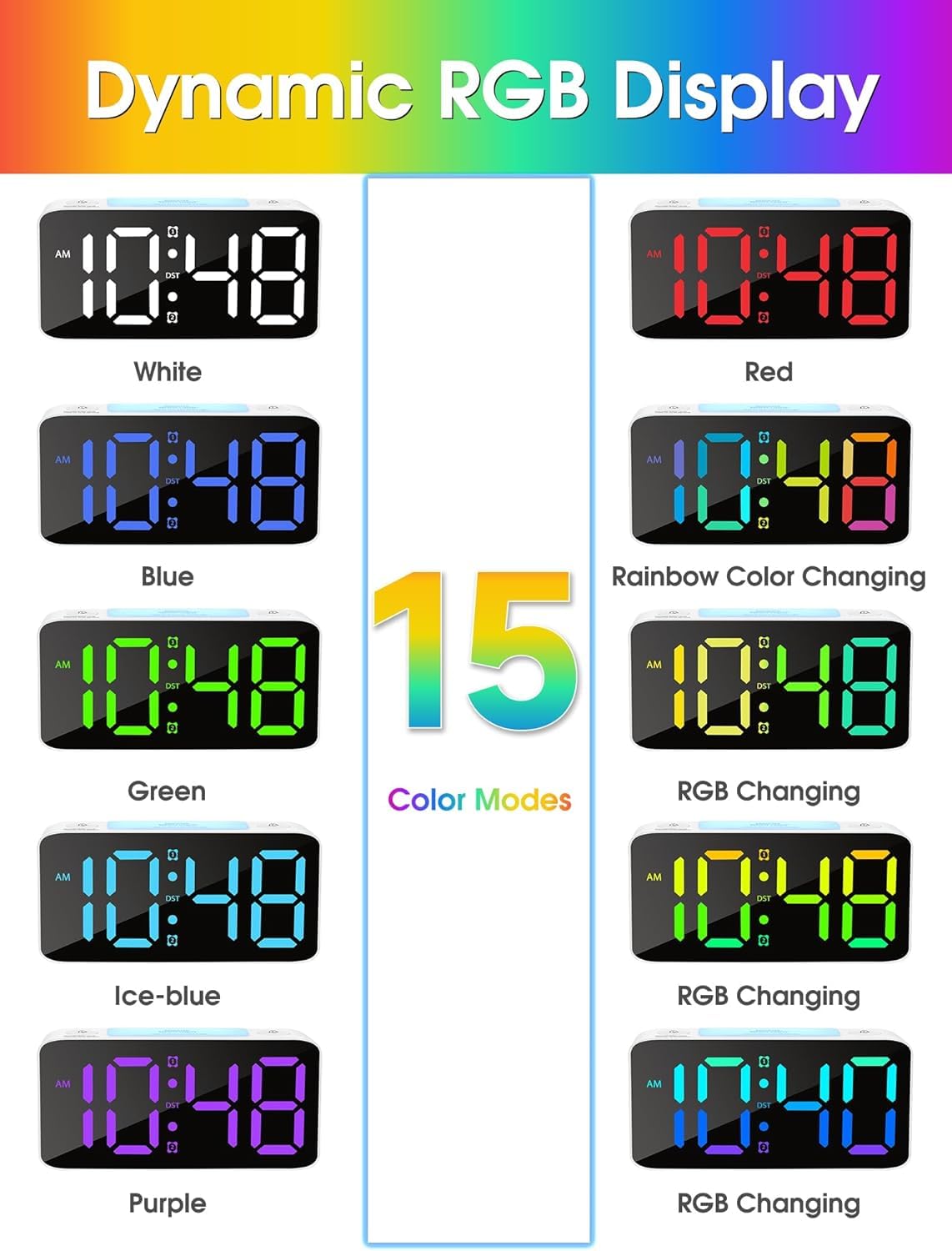 Aerys 9-Inch Digital Alarm Clock, Rgb Color Display, Night Light Dimmer, Usb Ports, Super Loud Alarm For Heavy Sleepers, Table C