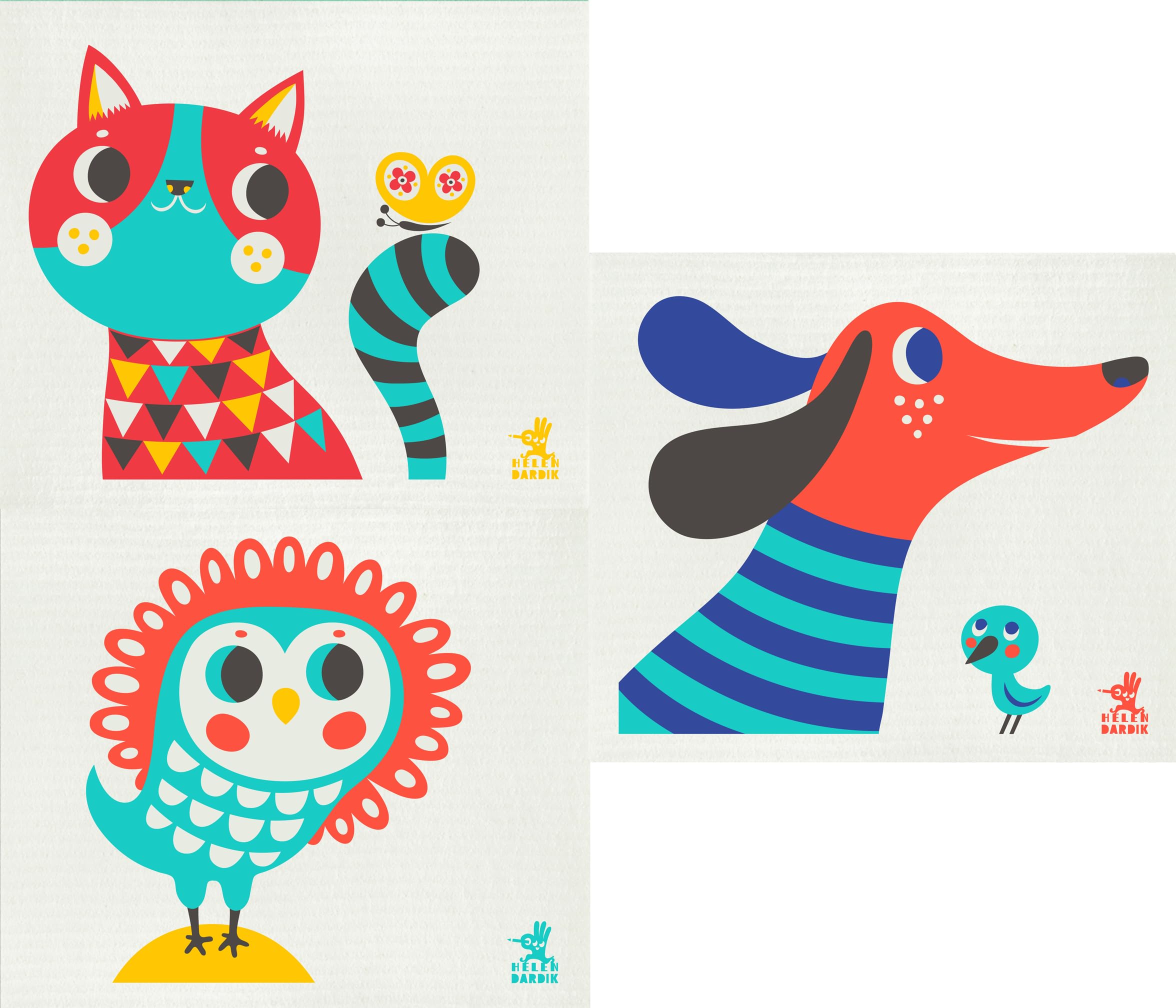 Trendy Tripper Swedish Dishcloths/Sponge Cloth - Helen Dardik Designs - Dog Or Cat Or Owl Or Pack Of 3 With 1 Of Each Dog/Cat/Ow