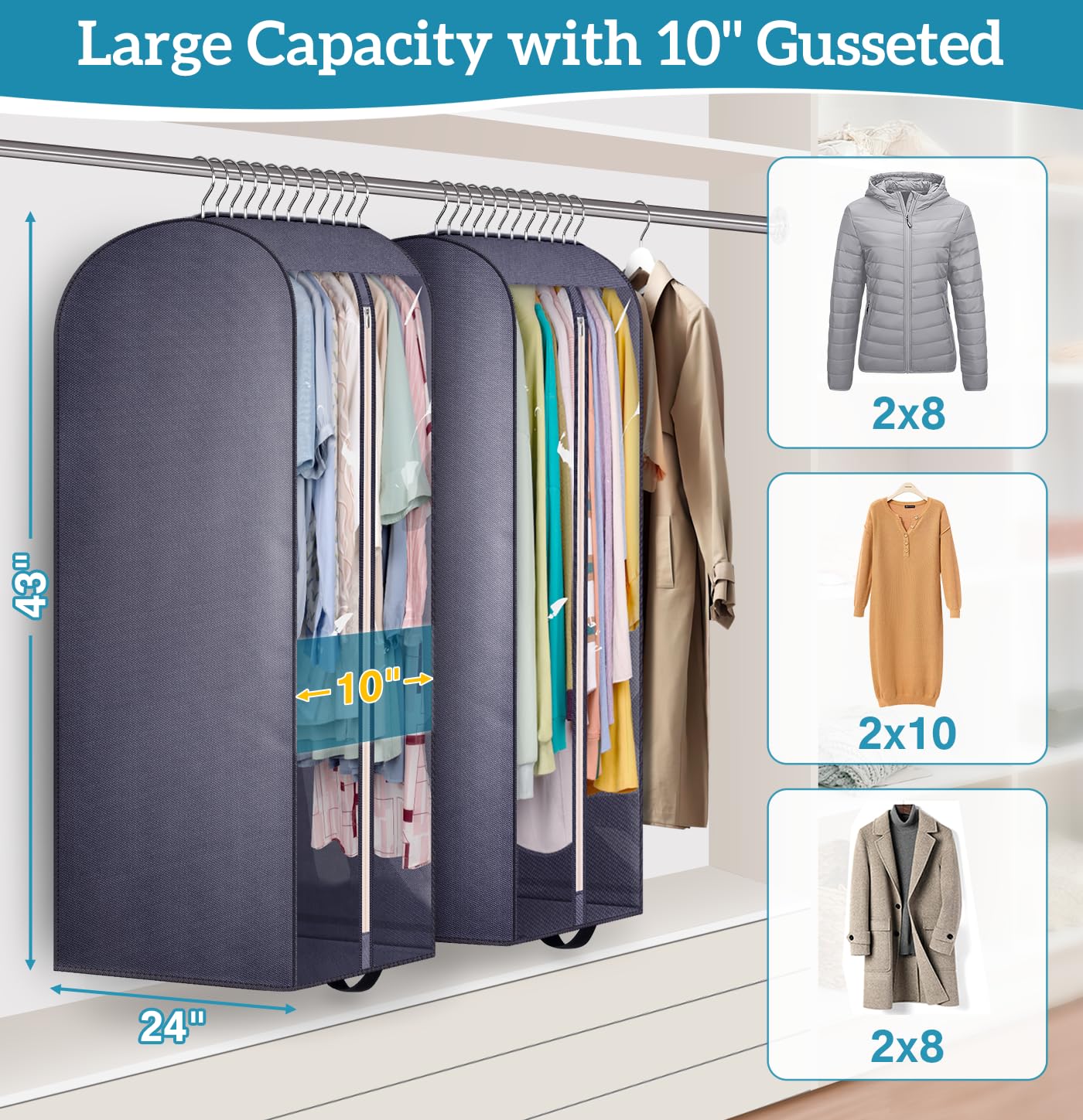 Kimbora 10'' Gusseted Clear Garment Bags For Hanging Clothes Storage, 43'' Suit Bags For Closet Storage With Handles, Garment Co