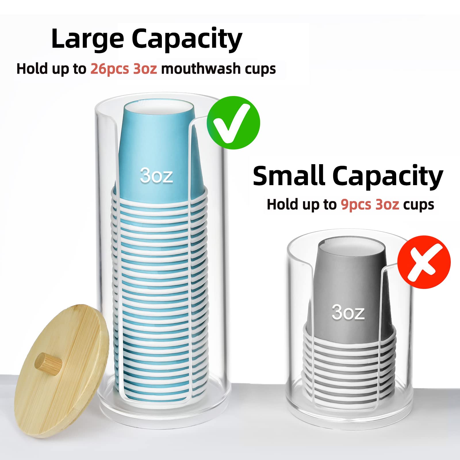 Iwntwy Bathroom Cup Dispenser, Mouthwash Cups Holder Fit 3Oz Disposable Paper Cup, Clear Acrylic Canister Cotton Round Pad Holde