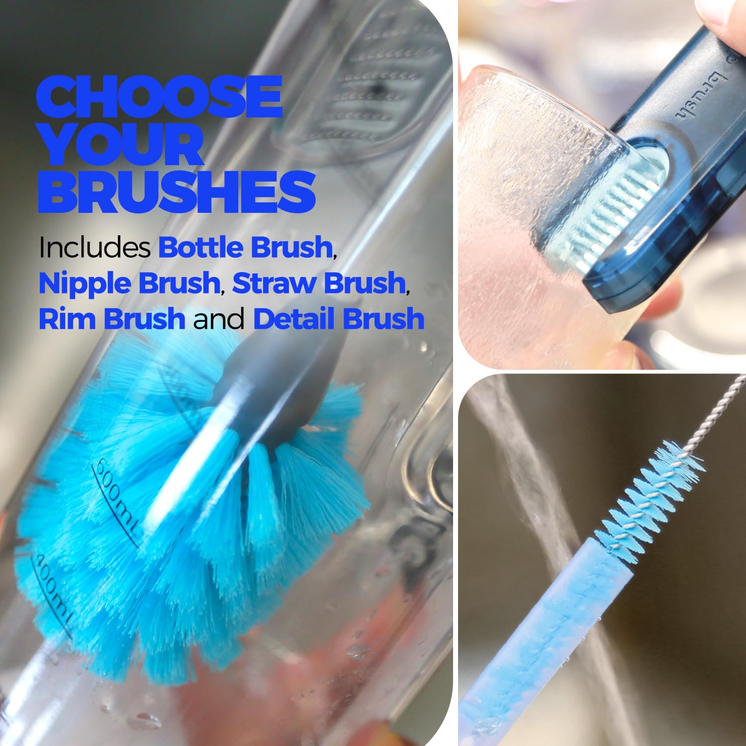 Holikme 6 Pack Bottle Brush Cleaner Set  14'' Long Handle Stainless Steel Bottle Cleaner Brush  3 Straw Brushes  Portable 3-in-1 Bottle Cleaning Brush for Water Bottle  Cups  Baby Bottle  Straws Blue