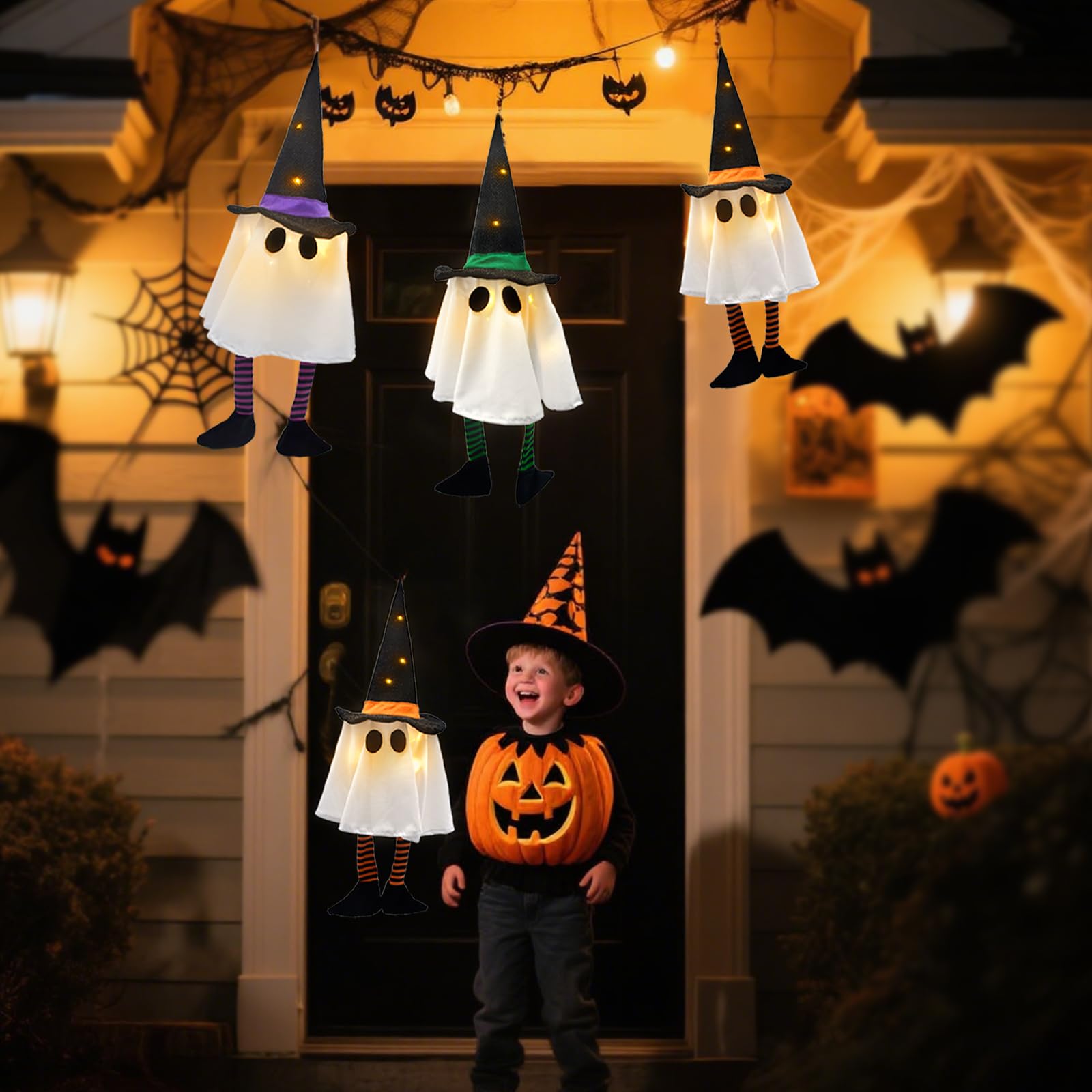 3 Pack Halloween Hanging Ghost Lights with Glitter Hats, Battery Powered Halloween Decorations Outdoor Indoor, LED Floating Ghos
