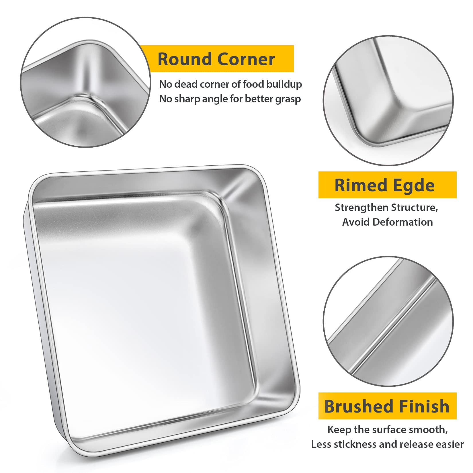 P&P Chef Square Cake Baking Pan (9 Inch), Stainless Steel Square Lasagna Brownie Bakeware Birthday Cake Pan, Leakproof & Heavy D