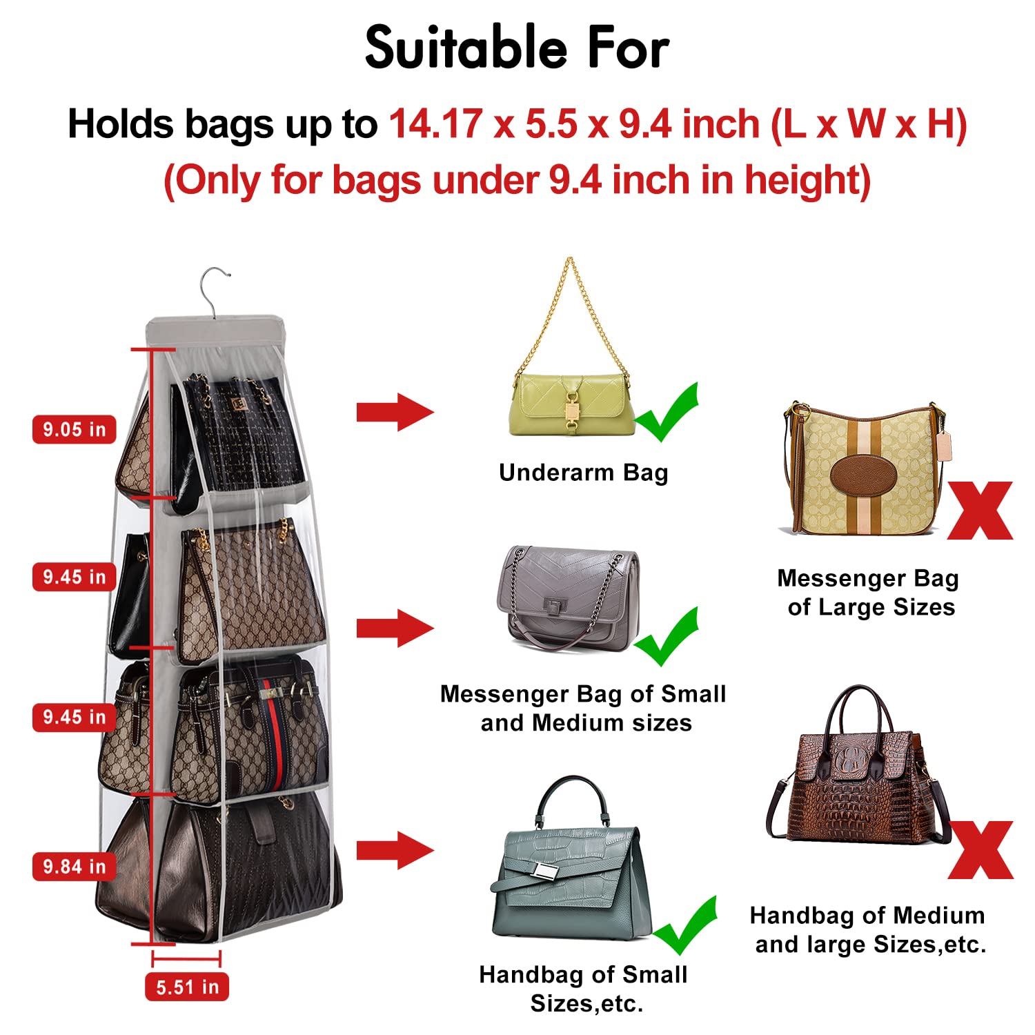 Lirex Handbag Hanging Organizer  8 Pocket Hanging Purse Organizer Handbag Storage Hanger Oxford Cloth Closet Organizer for Family Closet Bedroom  Foldable and Universal Fit  Grey